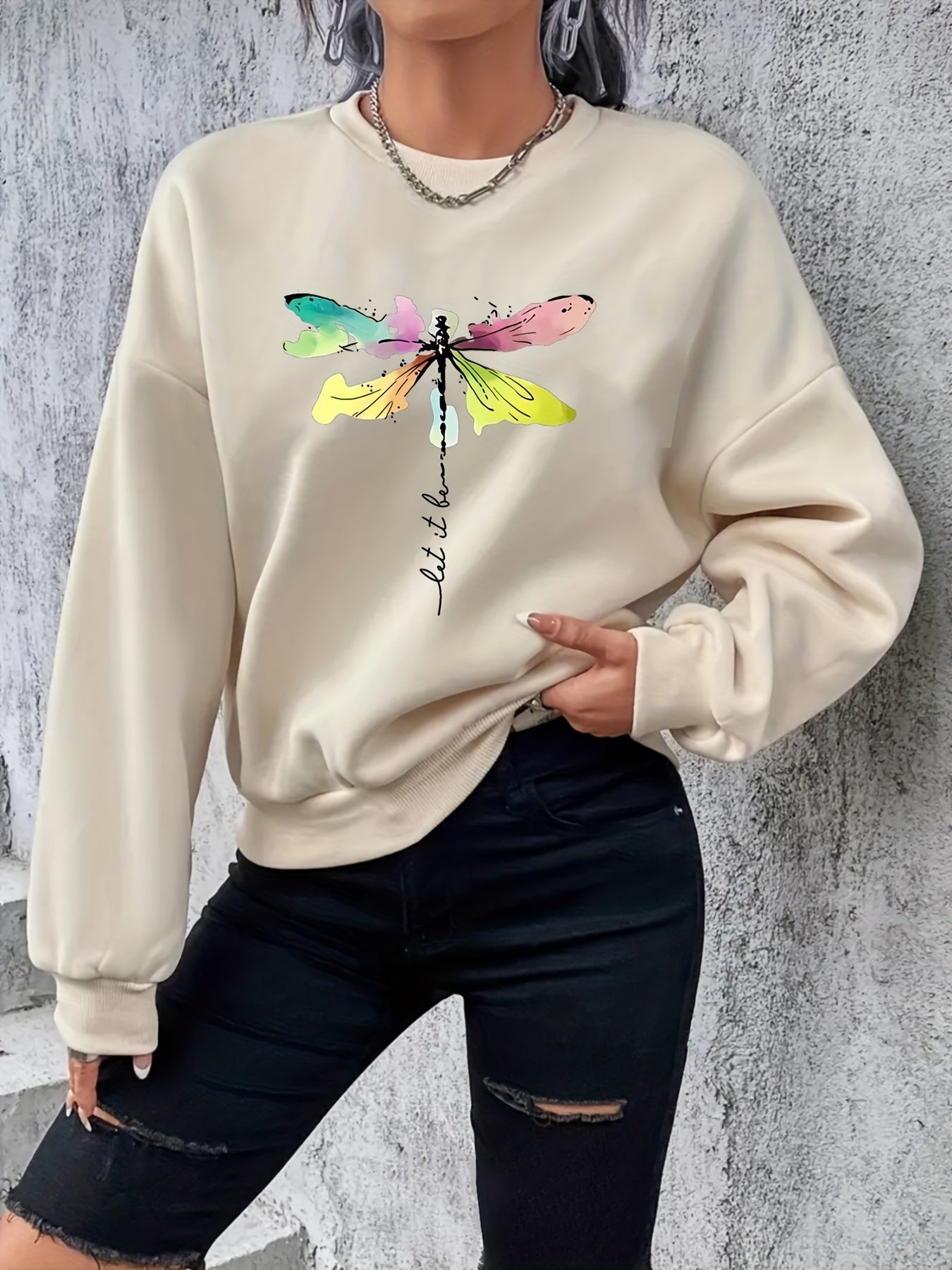 Sixsr Plus Size Casual Sweatshirt, Women's Plus Tie Dye Dragonfly & Letter Print Long Sleeve Round Neck Slight Stretch Sweatshirt