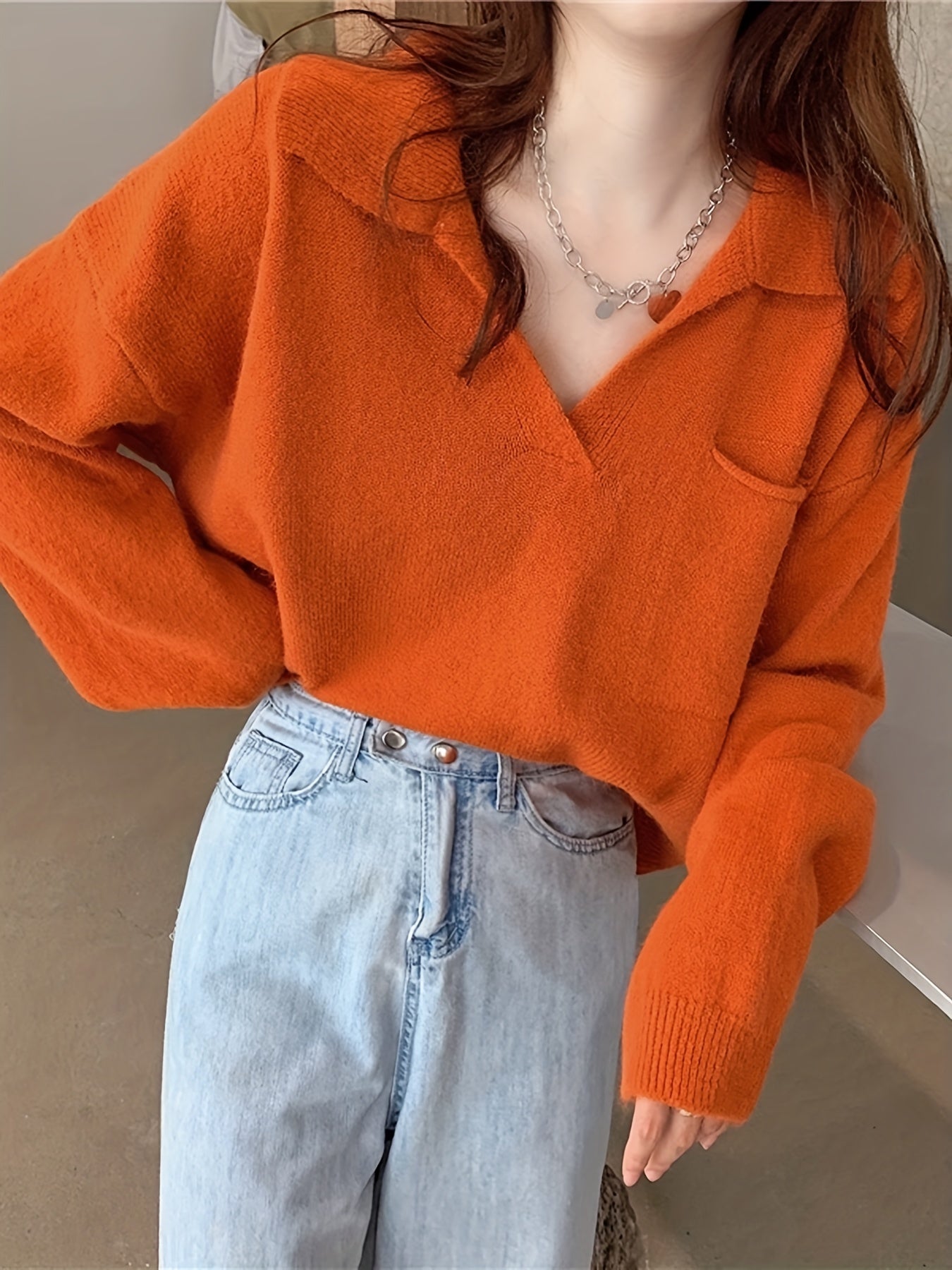 Sixsr Solid Notched Collar Pocket Sweater, Casual Long Sleeve Drop Shoulder Sweater, Women's Clothing