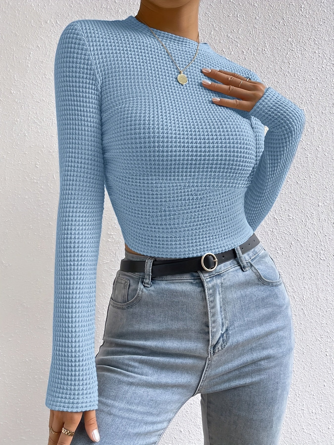 Sixsr Waffle Slim Crew Neck T-Shirt, Casual Long Sleeve Top For Spring & Fall, Women's Clothing