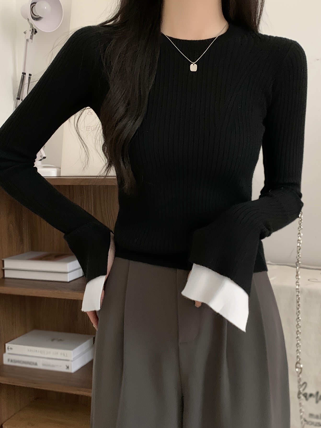 Sixsr Contrast Trim Crew Neck Pullover Sweater, Casual Long Sleeve Slim Knitting Sweater For Every Day, Women's Clothing