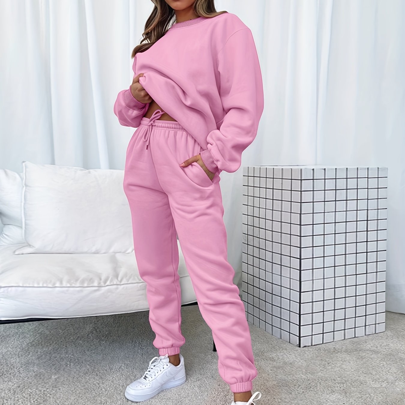 Sixsr Solid Casual Two-piece Set, Long Sleeve Crew Neck Sweatshirt & Drawstring Waist Jogger Pants Outfits, Women's Clothing