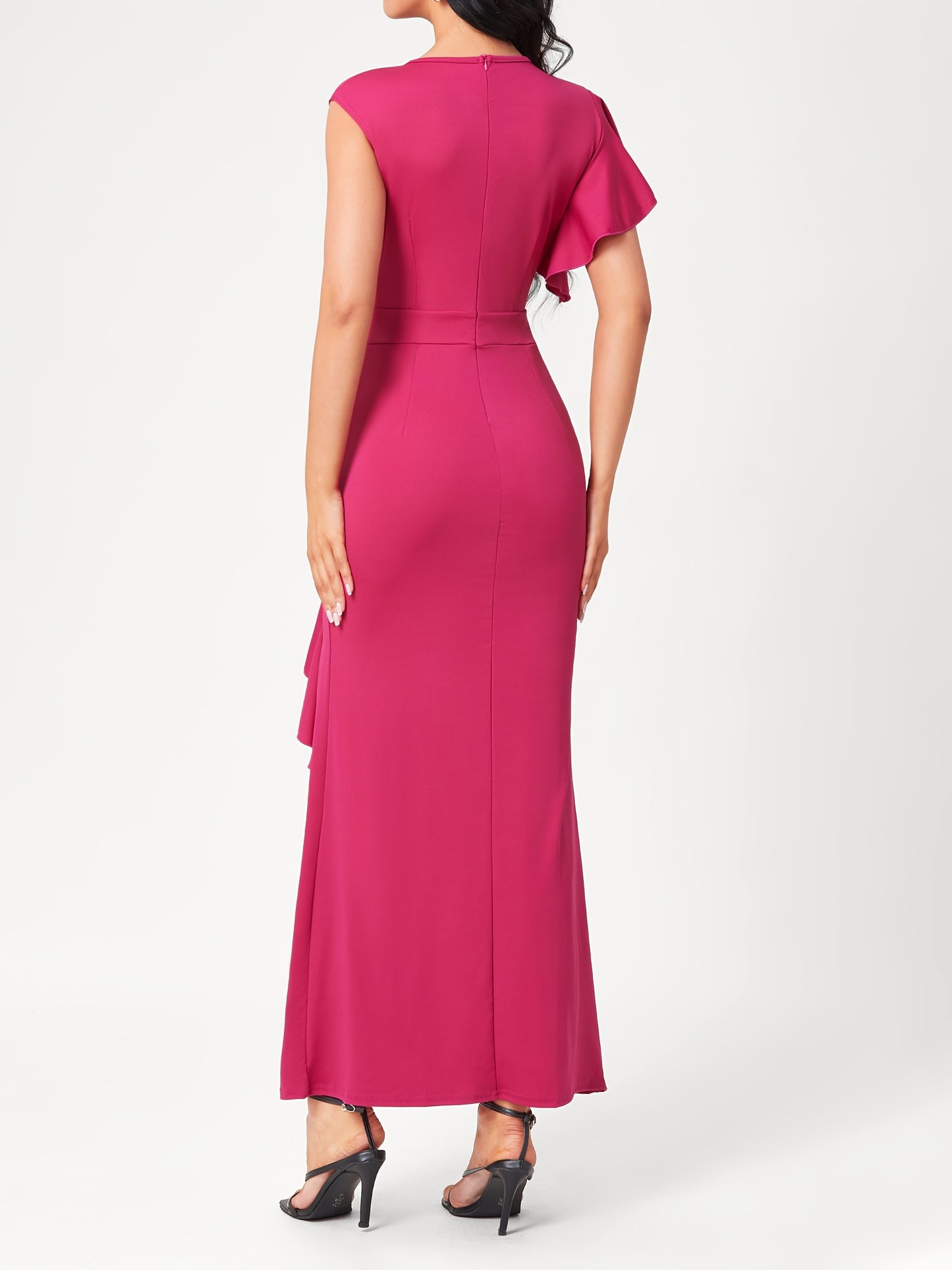 Sixsr Ruffle Trim Split Asymmetrical Dress, Elegant Solid Bodycon Party Dress, Women's Clothing