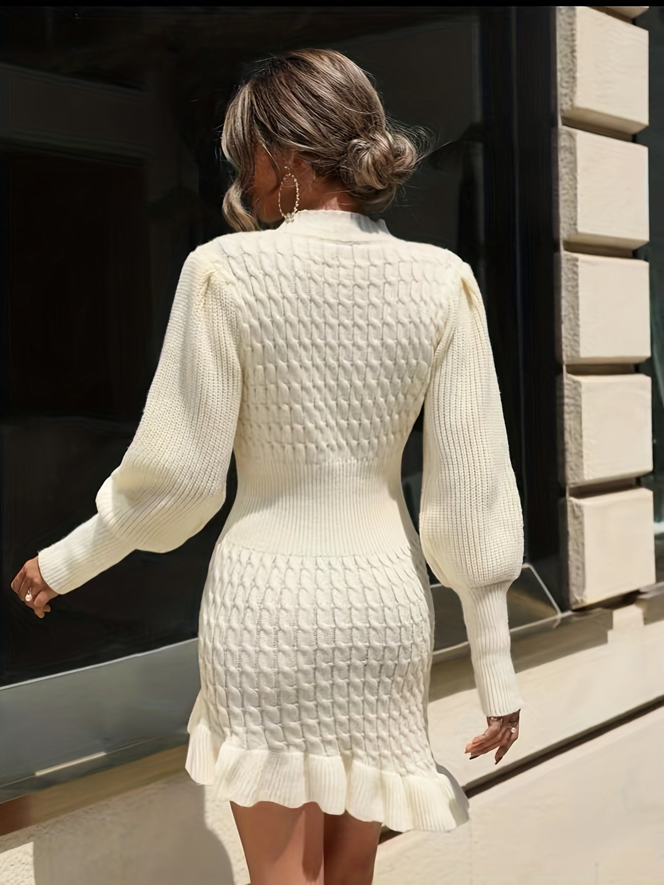 Sixsr Ruffle Asymmetrical Hem Sweater Dress, Elegant Long Sleeve Solid Dress, Women's Clothing