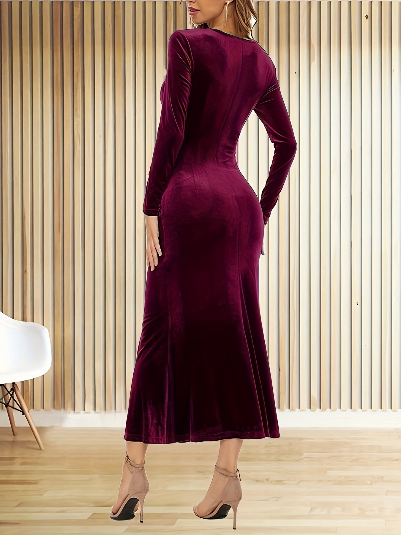 Sixsr Solid Bodycon Midi Dress, Elegant V Neck Long Sleeve Dress, Women's Clothing