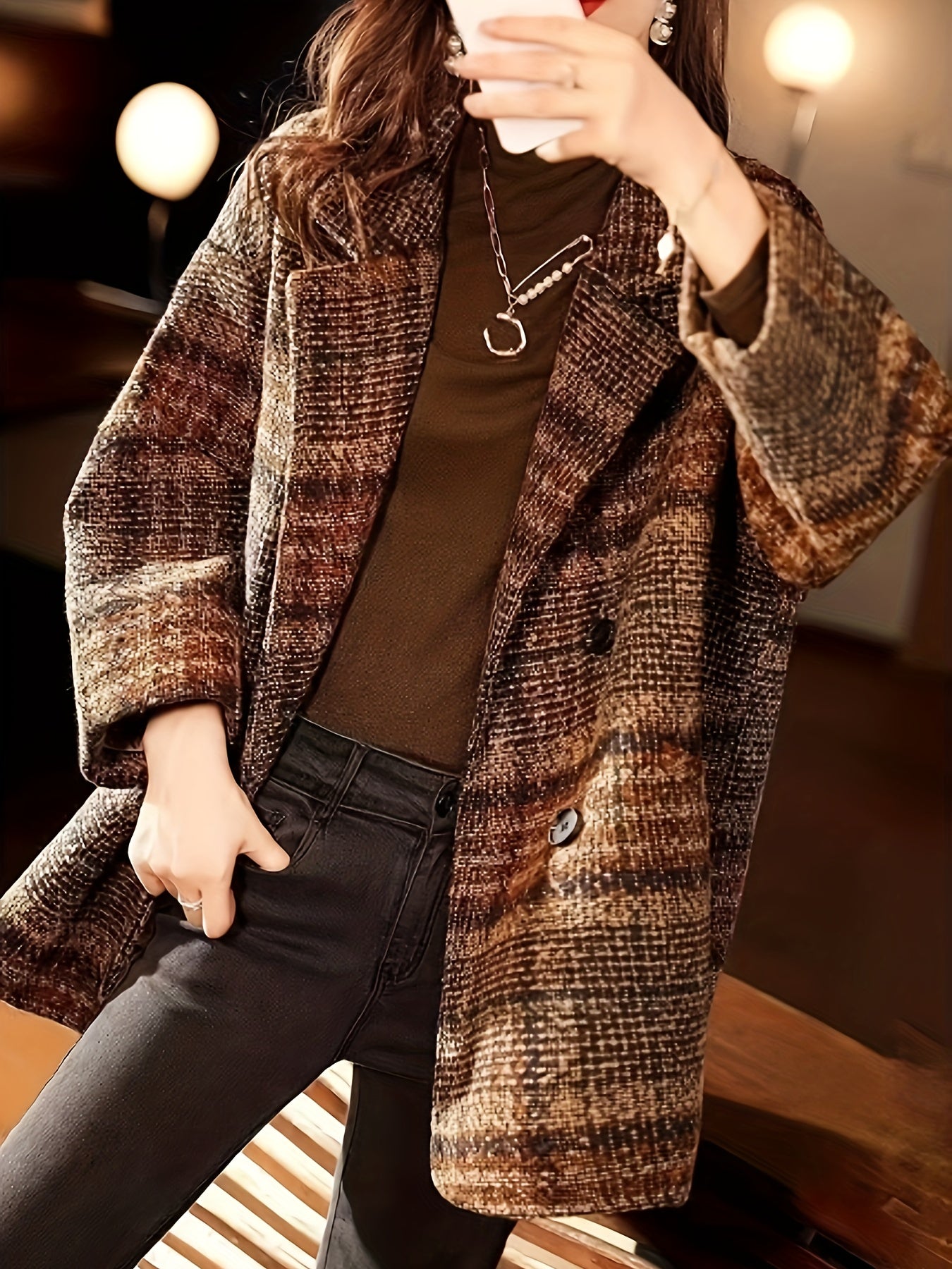 Sixsr Notched Collar Double-breasted Blazer, Elegant Long Sleeve Coat For Office & Work, Women's Clothing