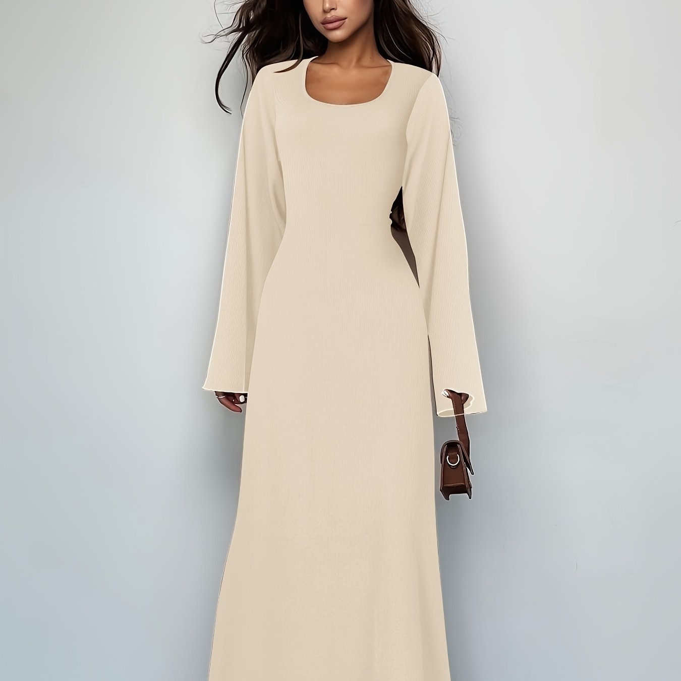Sixsr Solid Tie Back U Neck Dress, Elegant Long Sleeve Maxi Dress, Women's Clothing