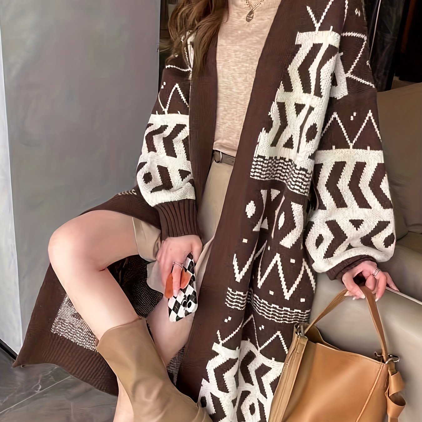 Sixsr Geo Pattern Open Front Knit Cardigan, Vintage Long Sleeve Mid Length Loose Sweater, Women's Clothing