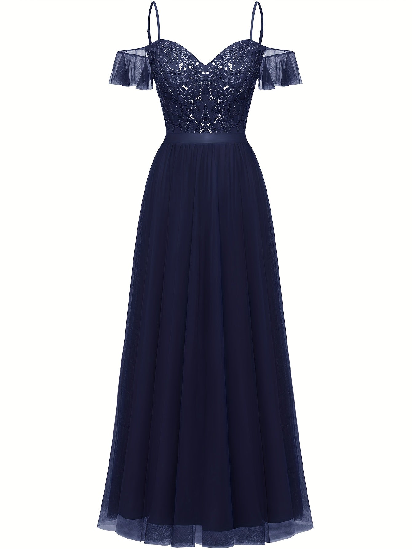 Sixsr Contrast Sequin Spaghetti Strap Bridesmaid Dres, Elegant Short Sleeve A-line Evening Dress For Party & Banquet, Women's Clothing