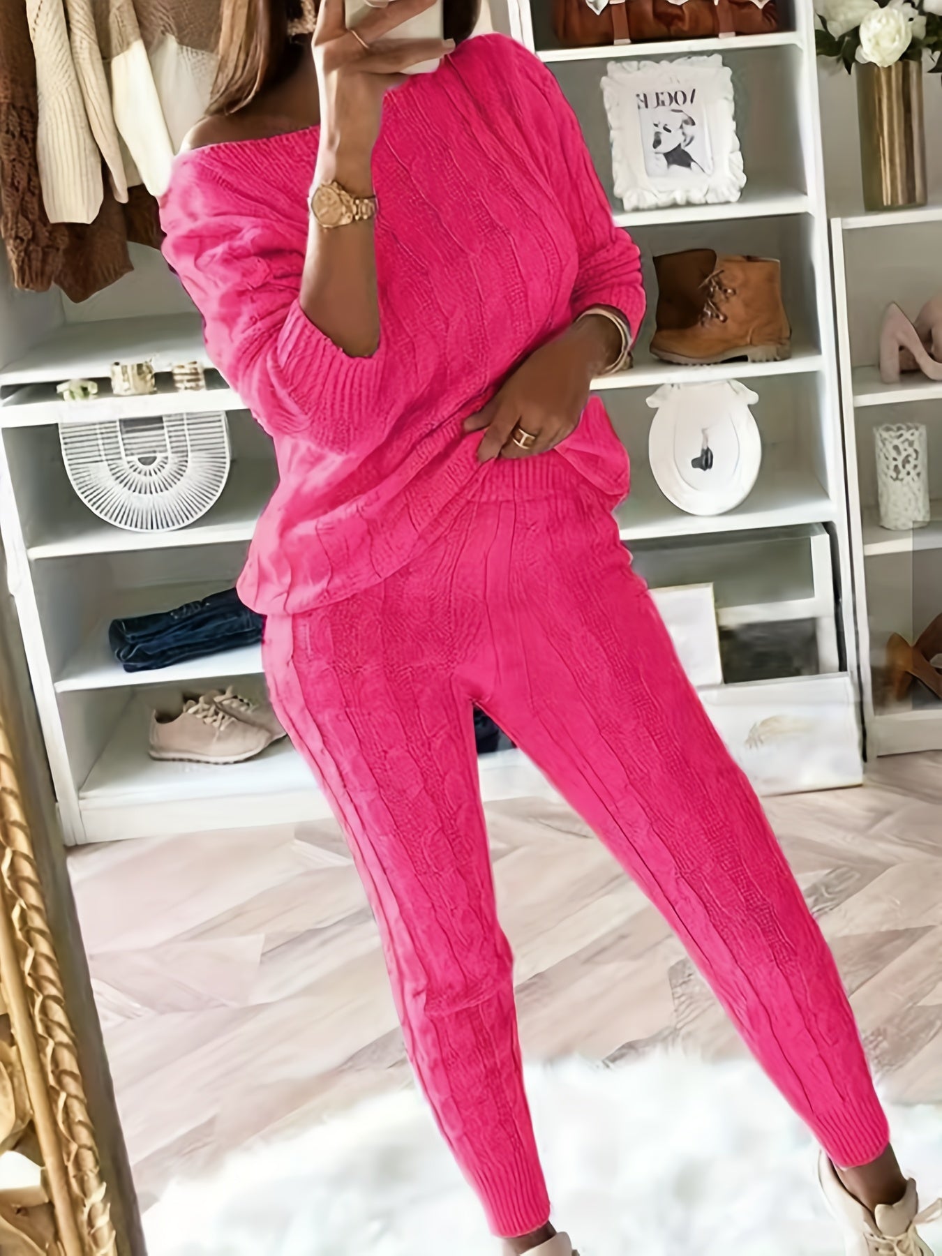 Sixsr Plus Size Casual Sweater Outfits 2 Piece Set, Women's Plus Solid Jacquard Long Sleeve Round Neck Sweater & Pants Outfits Two Piece Set