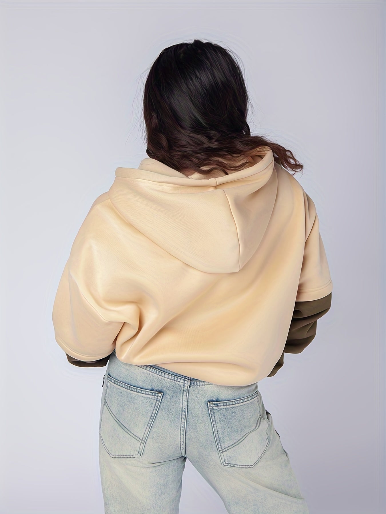 Sixsr Plus Size Casual Sweatshirt, Women's Plus Colorblock Long Sleeve Slight Stretch Drawstring Hoodie With Giant Pocket