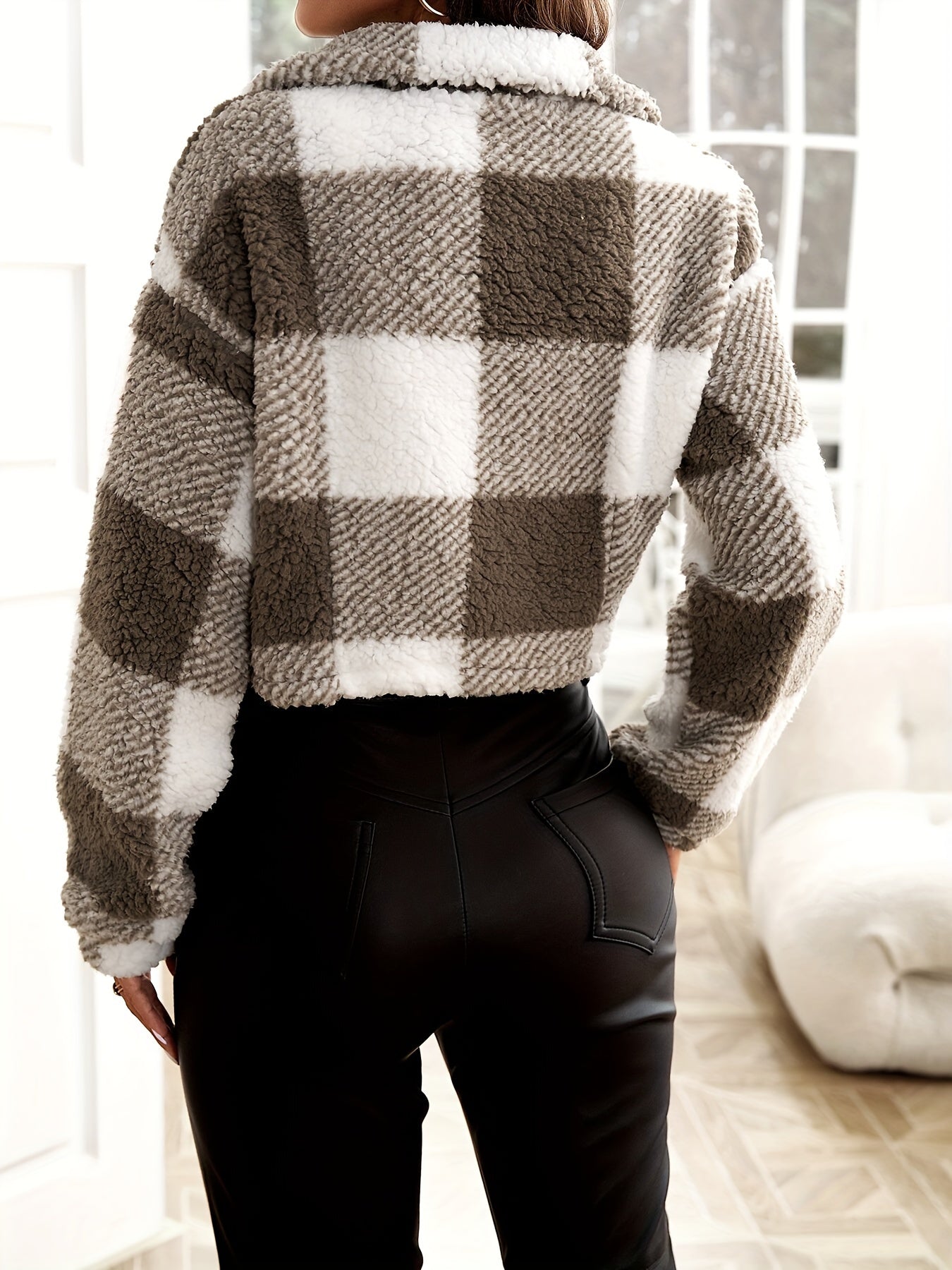 Sixsr Plaid Pattern Teddy Jacket, Casual Zip Up Long Sleeve Outerwear, Women's Clothing