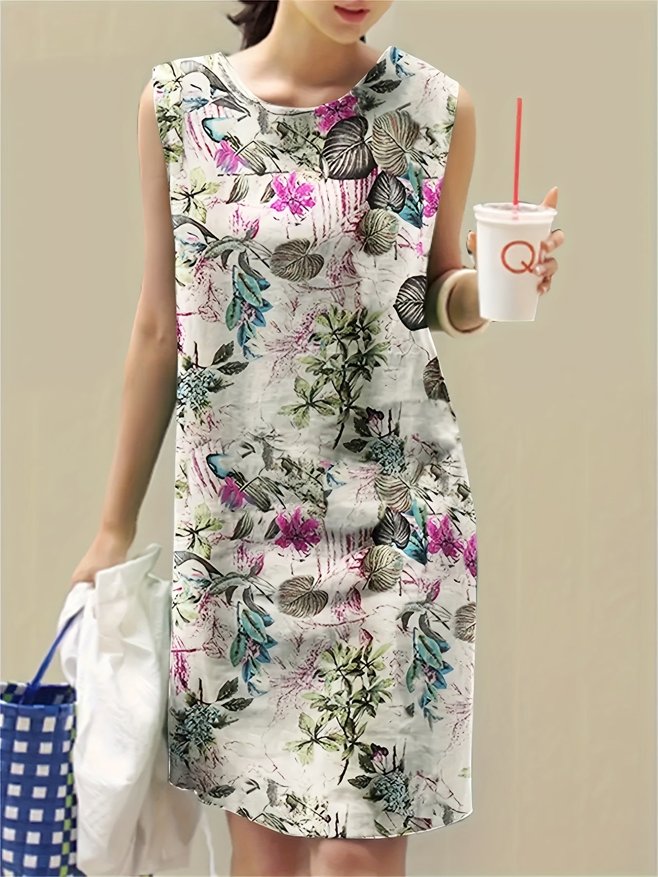 Leaves Print Crew Neck Tank Dress, Vintage Sleeveless Dress For Spring & Summer, Women's Clothing
