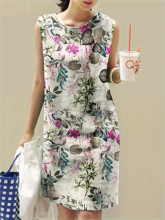 Leaves Print Crew Neck Tank Dress, Vintage Sleeveless Dress For Spring & Summer, Women's Clothing