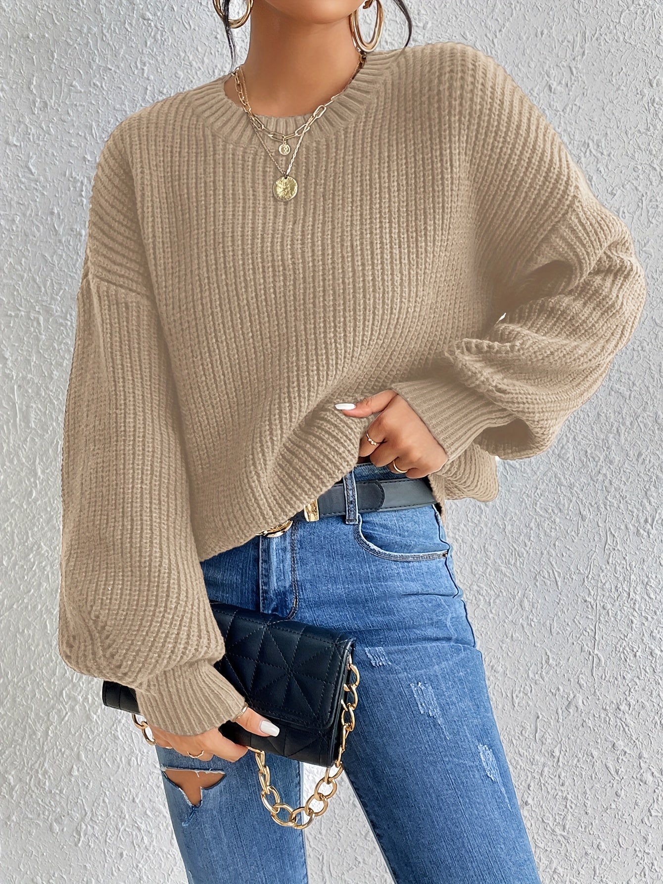 Sixsr Solid Crew Neck Pullover Sweater, Casual Long Sleeve Sweater For Fall & Winter, Women's Clothing