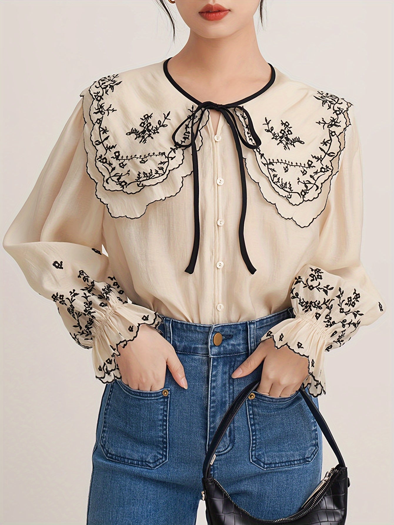 Sixsr Floral Embroidered Button Up Doll Collar Blouse, Long Sleeve Tie Neck Elegant Blouse, Women's Clothing