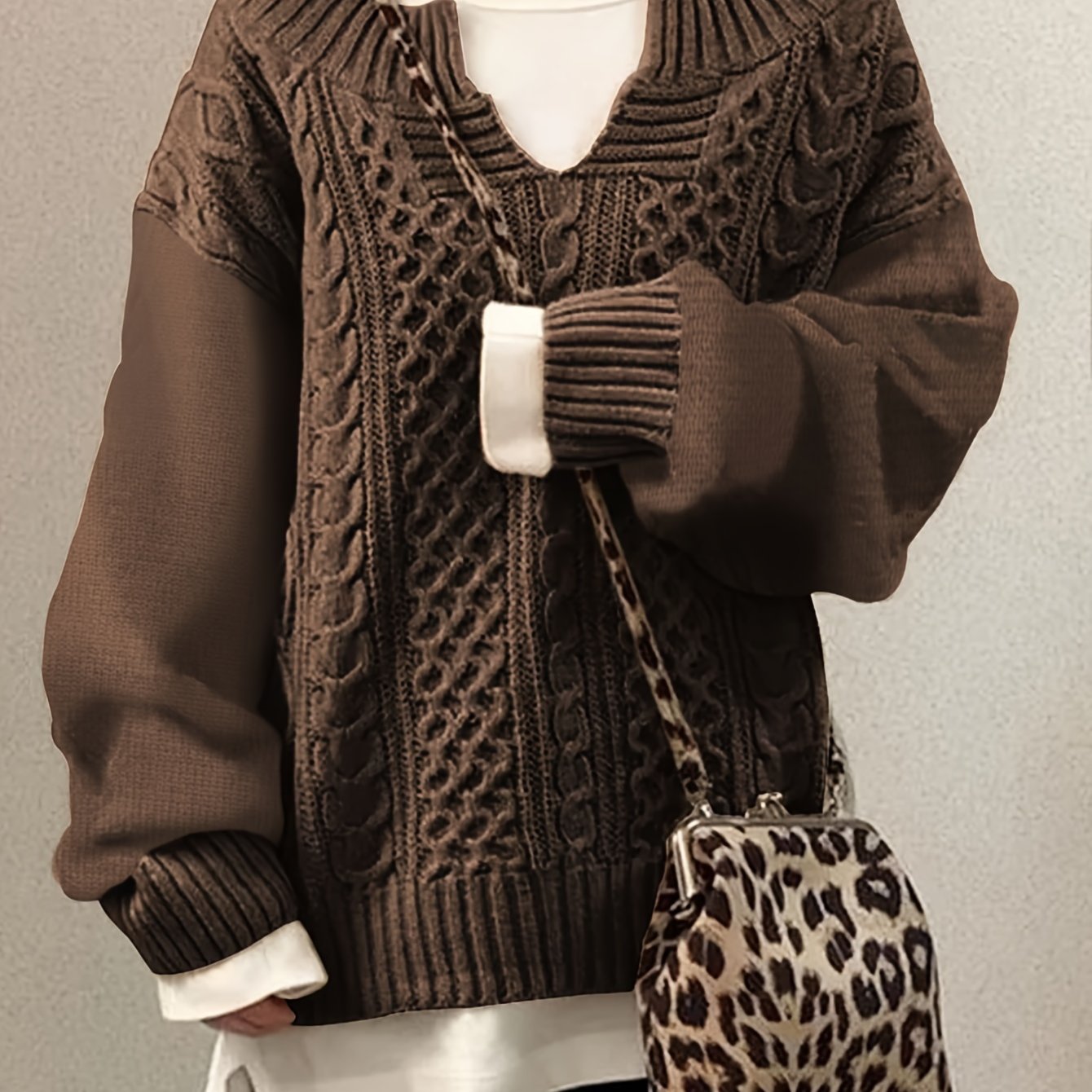 Sixsr Plus Size Casual Sweater, Women's Plus Solid Jacquard Long Sleeve Notched Neck Slight Stretch Sweater