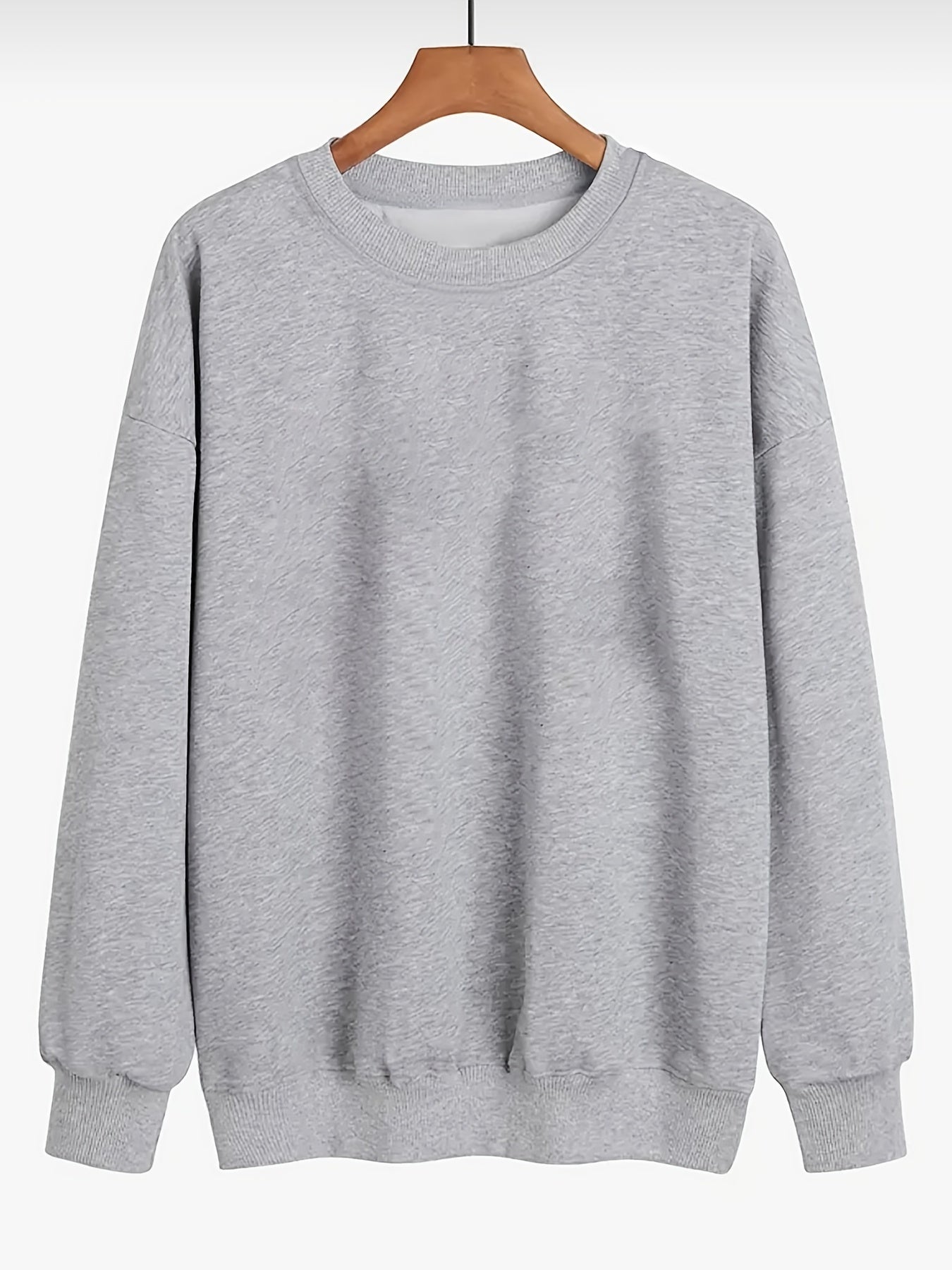 Sixsr Plus Size Casual Sweatshirt, Women's Plus Solid Long Sleeve Drop Shoulder Round Neck Slight Stretch Pullover Sweatshirt