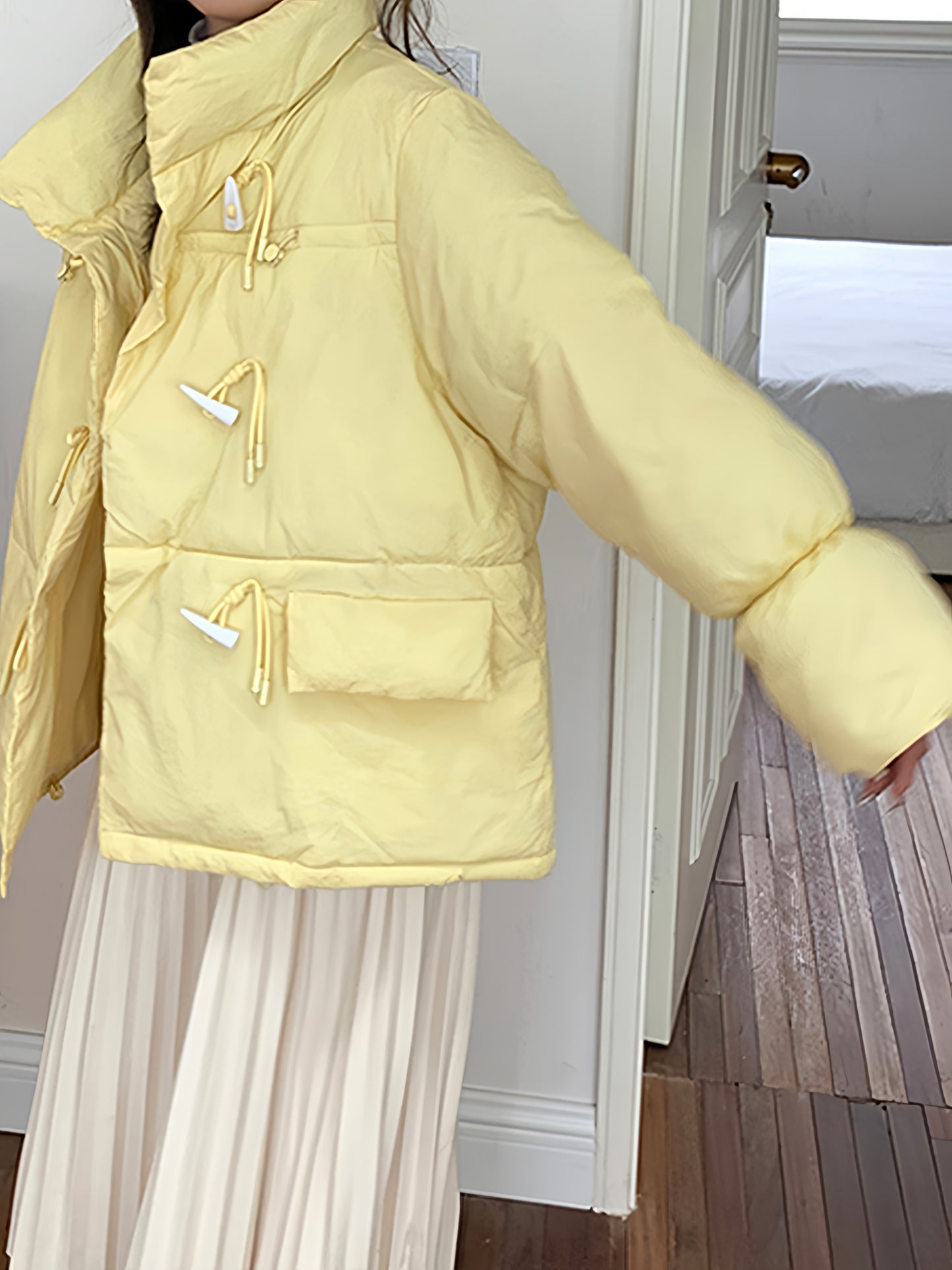 Sixsr Buckle Front Solid Warm Coat, Casual Long Sleeve Puffy Outerwear, Women's Clothing