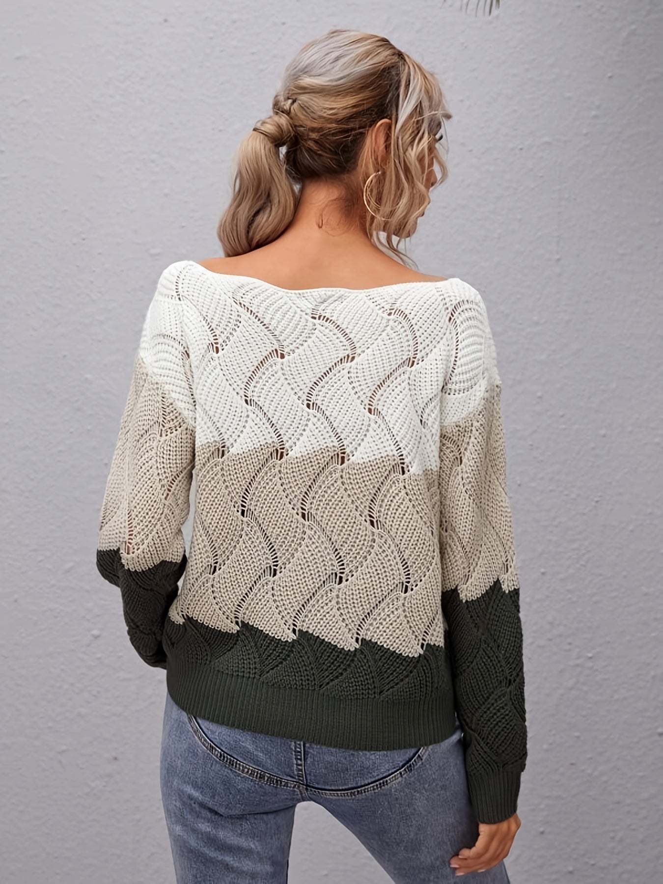 Sixsr Cutout Colorblock Knit Sweater, Casual Crew Neck Long Sleeve Sweater, Women's Clothing