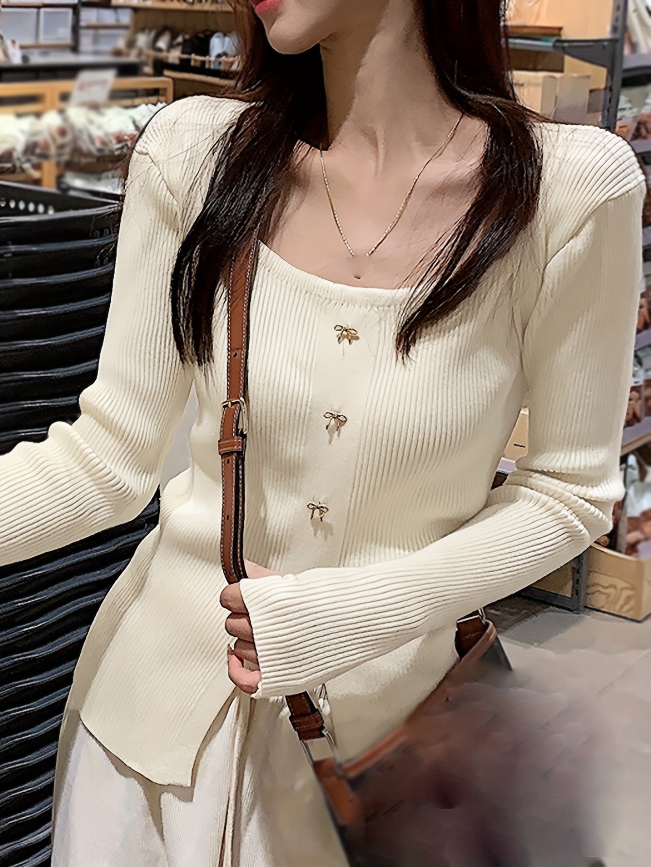 Sixsr Solid Bow Front Knitted Top, Elegant Split Long Sleeve Sweater For Spring & Fall, Women's Clothing