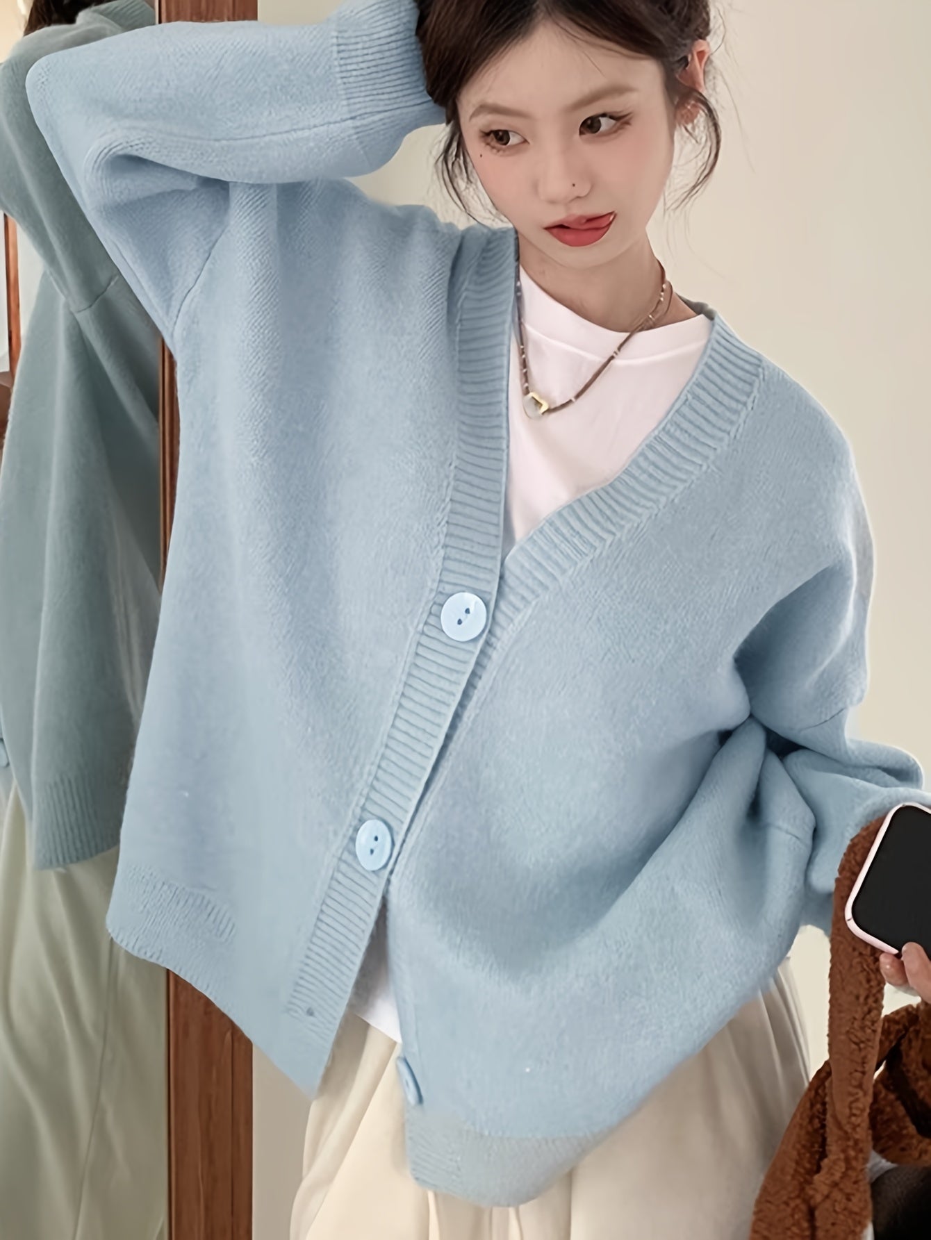 Sixsr Solid Button Front Cardigan, Casual Long Sleeve Drop Shoulder Outwear, Women's Clothing