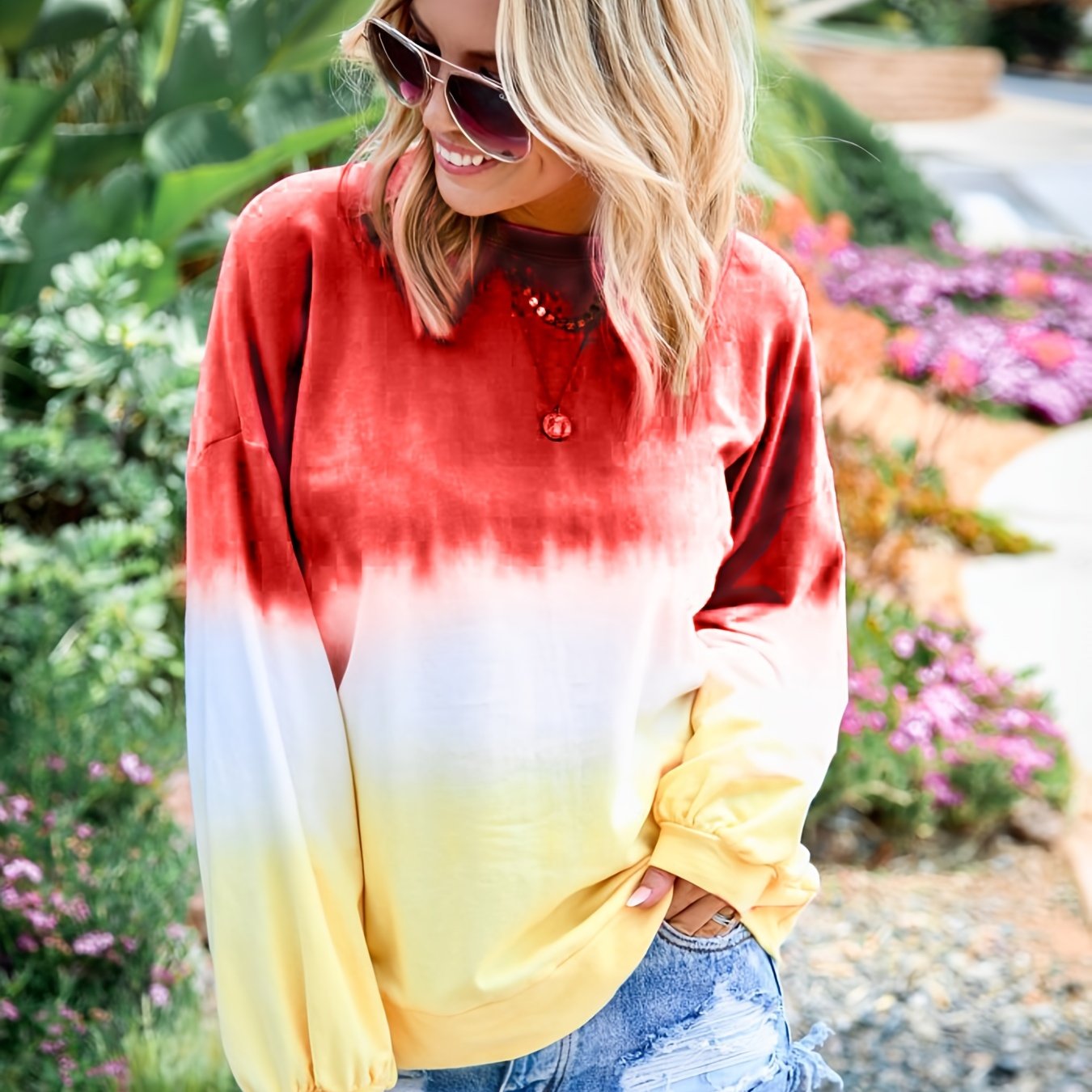 Sixsr Striped Tie Dye Pullover Sweatshirt, Casual Crew Neck Long Sleeve Sweaters, Women's Clothing