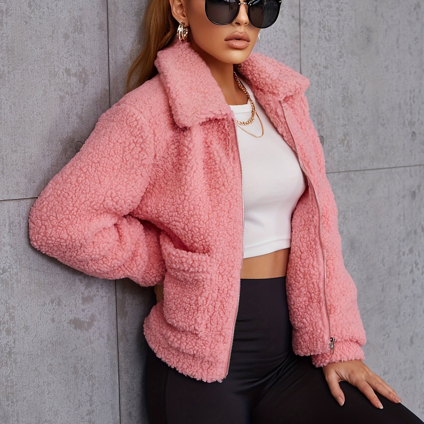Sixsr Solid Zipper Up Lapel Neck Plush Coat, Casual Long Sleeve Outerwear For Fall & Winter, Women's Clothing