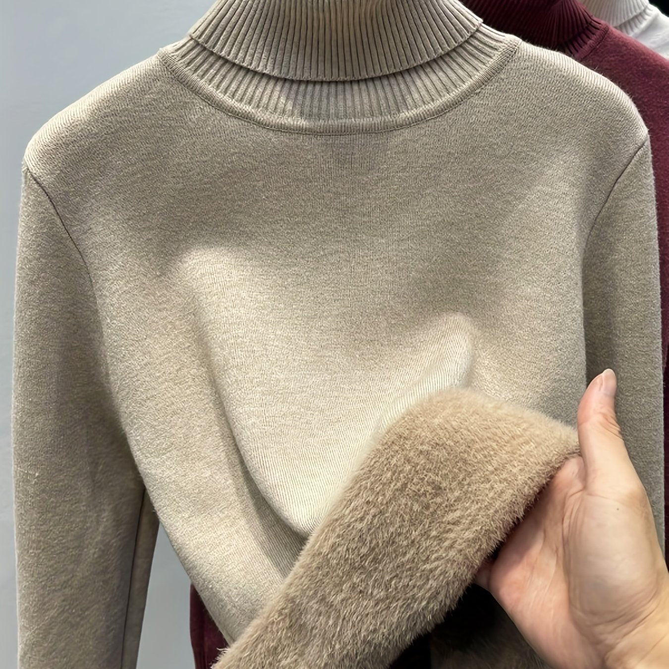 Sixsr Solid Turtle Neck Fleece Pullover Sweater, Elegant Long Sleeve Slim Thermal Sweater, Women's Clothing
