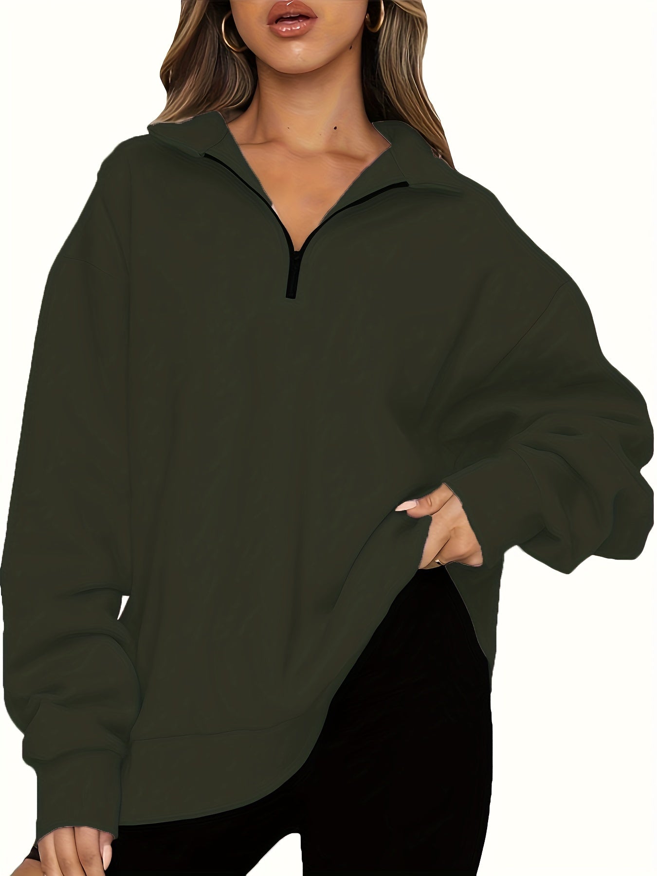 Sixsr Plus Size Casual Sweatshirt, Women's Plus Solid Long Sleeve Zip Up Lapel Collar Pullover Sweatshirt, Casual Tops For Fall & Winter, Women's Clothing
