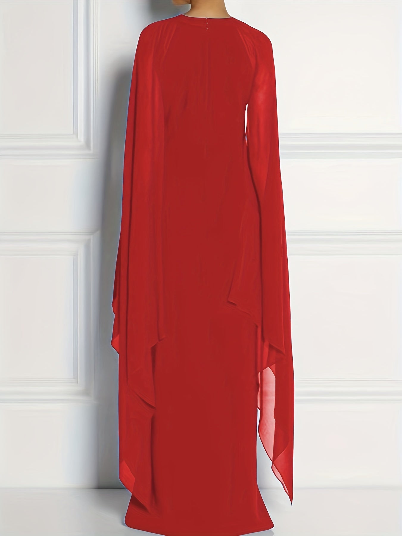 Sixsr Plus Size Elegant Bridesmaid Dress, Women's Plus High Split Flare Sleeve Slight Stretch Maxi Formal Dress With Cape