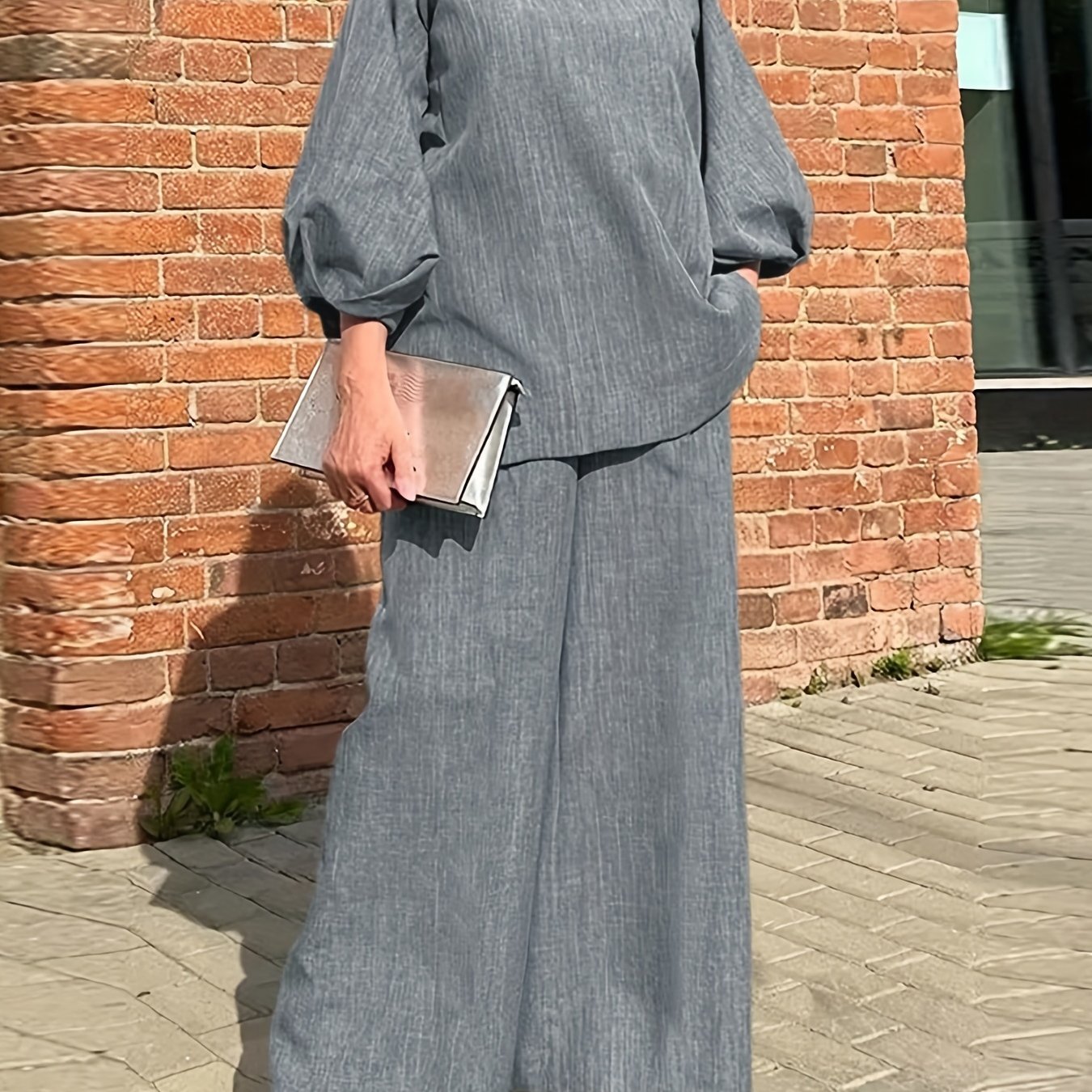 Sixsr Solid Casual Two-piece Set, V Neck Lantern Sleeve Tops & Wide Leg Pants Outfits, Women's Clothing