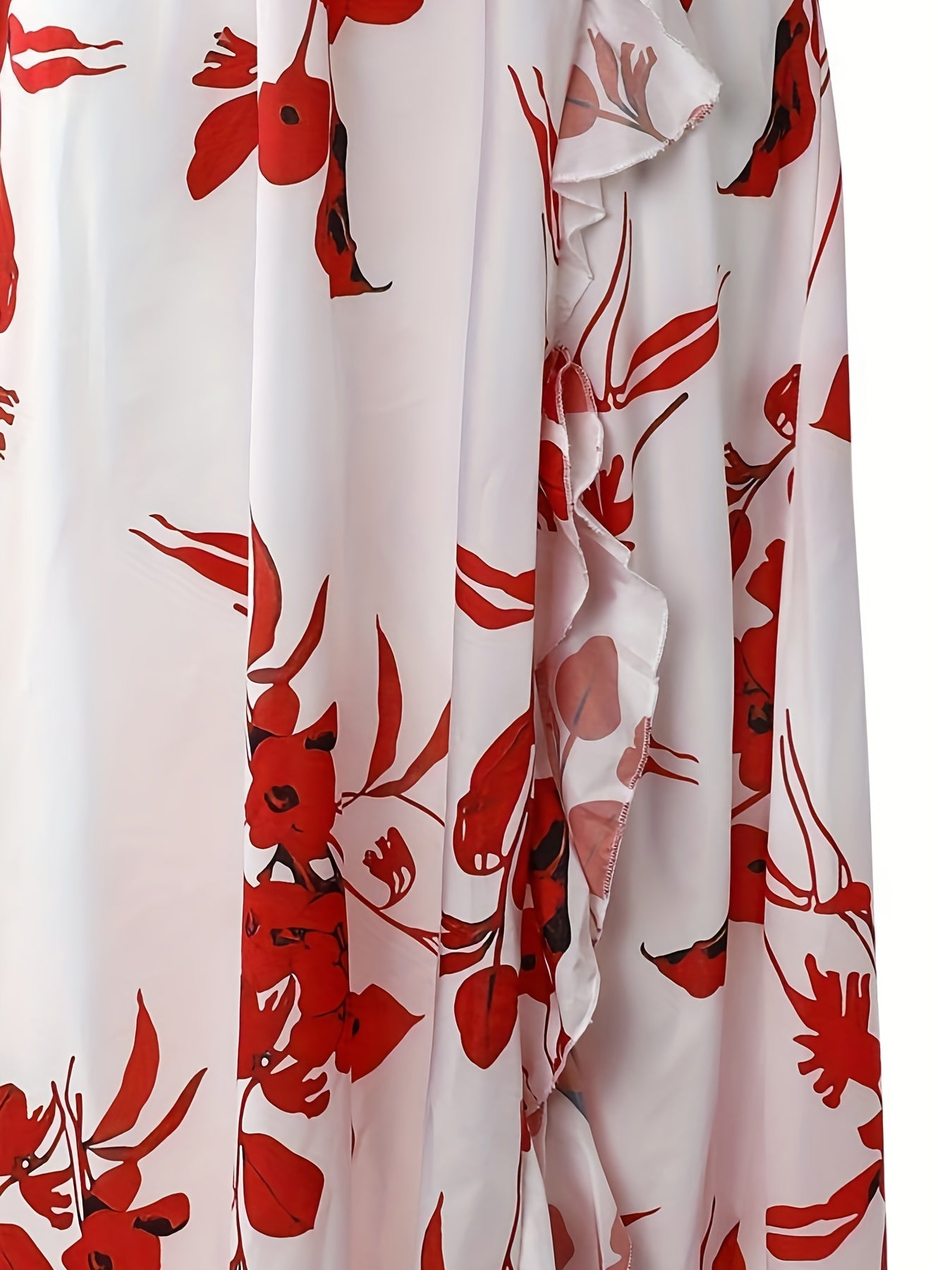 Floral Print Ruffle Trim Dress, Casual Split Thigh V Neck Dress, Women's Clothing