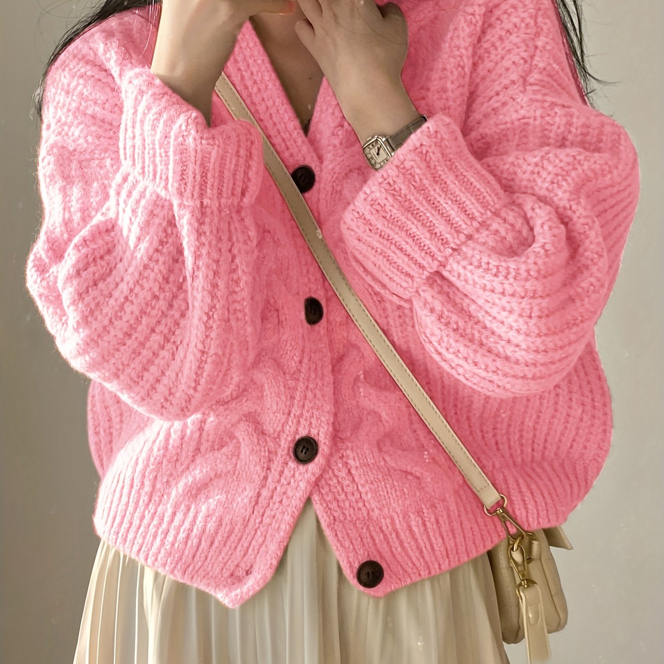 Sixsr Button Front Chunky Knit Cardigan, Vintage Long Sleeve Cardigan For Fall & Winter, Women's Clothing
