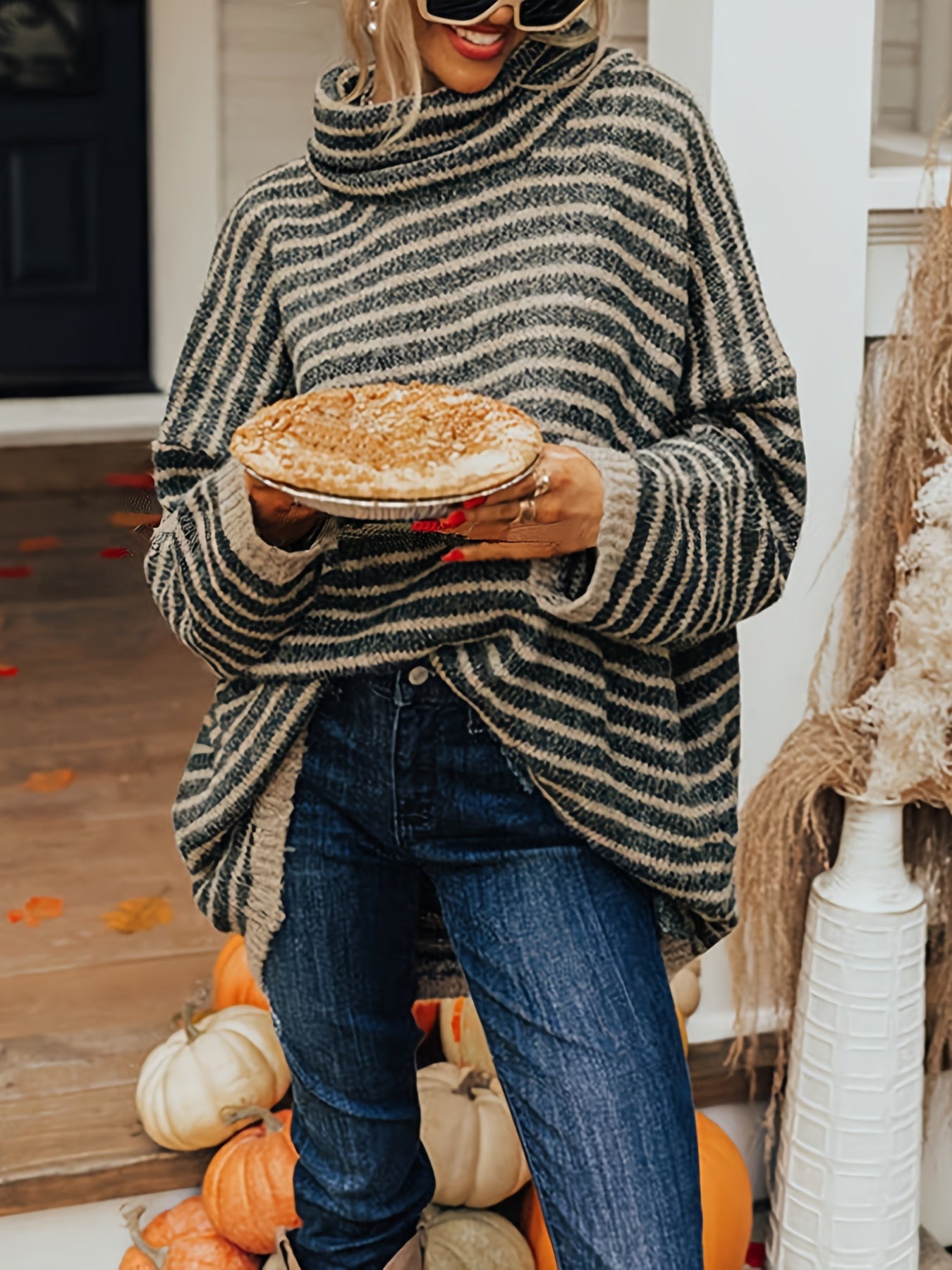 Sixsr Plus Size Casual Sweater, Women's Plus Stripe Print Chimney Collar Long Sleeve Pullover Sweater