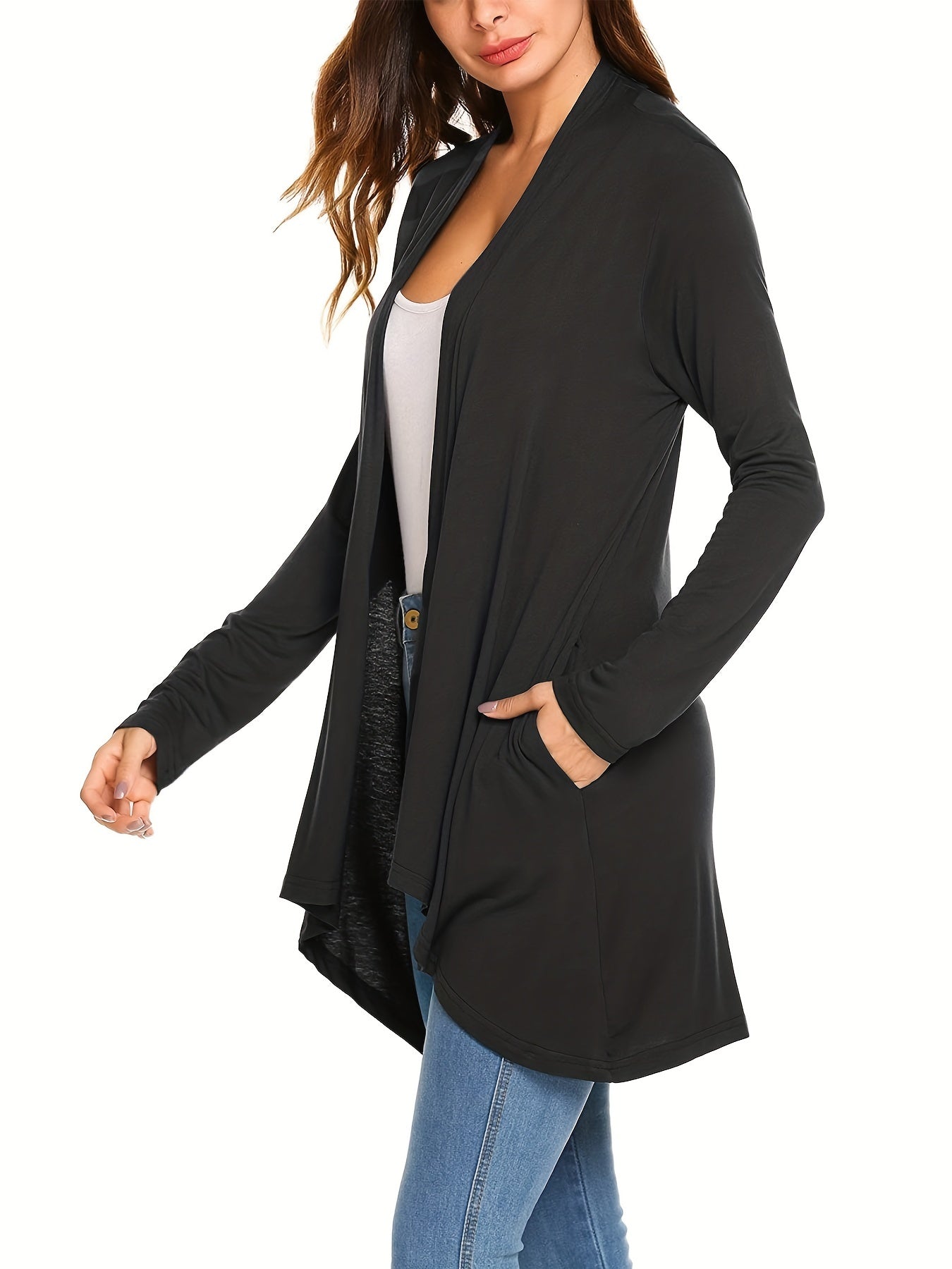 Sixsr Solid Open Front Drape Cardigan, Casual Long Sleeve Pocket Cardigan For Spring & Fall, Women's Clothing