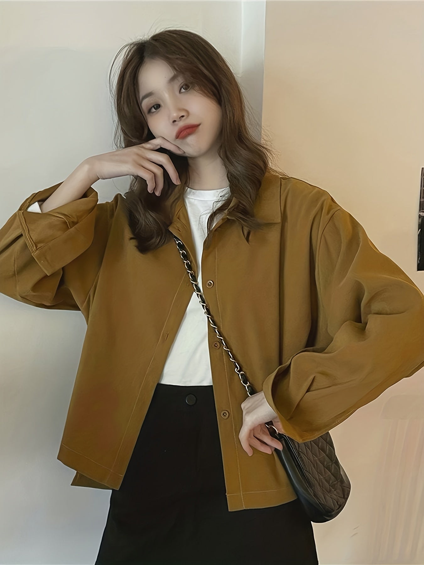 Sixsr Solid Polo Collar Button Blouse, Casual Long Sleeve Blouse For Spring & Fall, Women's Clothing