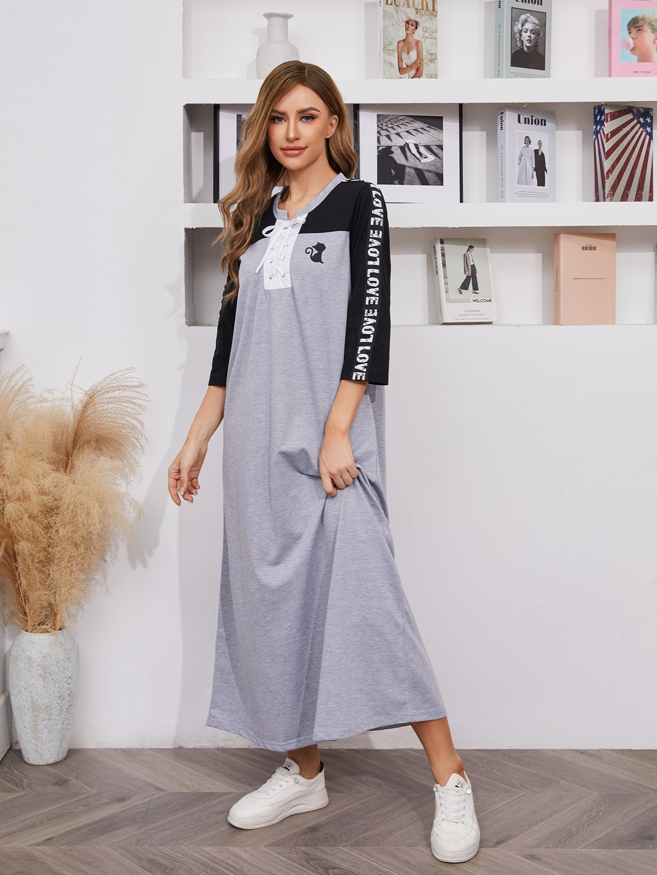 Sixsr Women's Dresses Color Block Crew Neck Drawstring Dresses