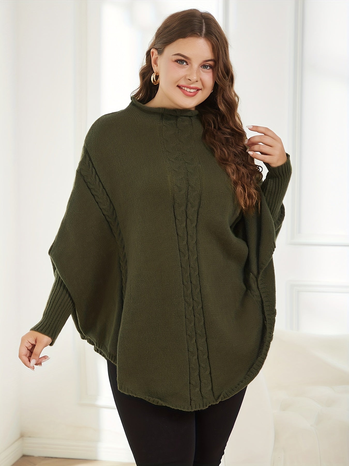 Sixsr Plus Size Casual Sweater, Women's Plus Jacquard High Neck Bat Sleeve Pullover Sweater