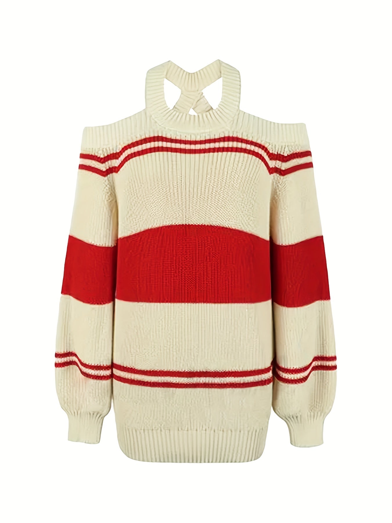 Sixsr Plus Size Casual Sweater, Women's Plus Colorblock Stripe Print Cold Shoulder Long Sleeve Round Neck Jumper