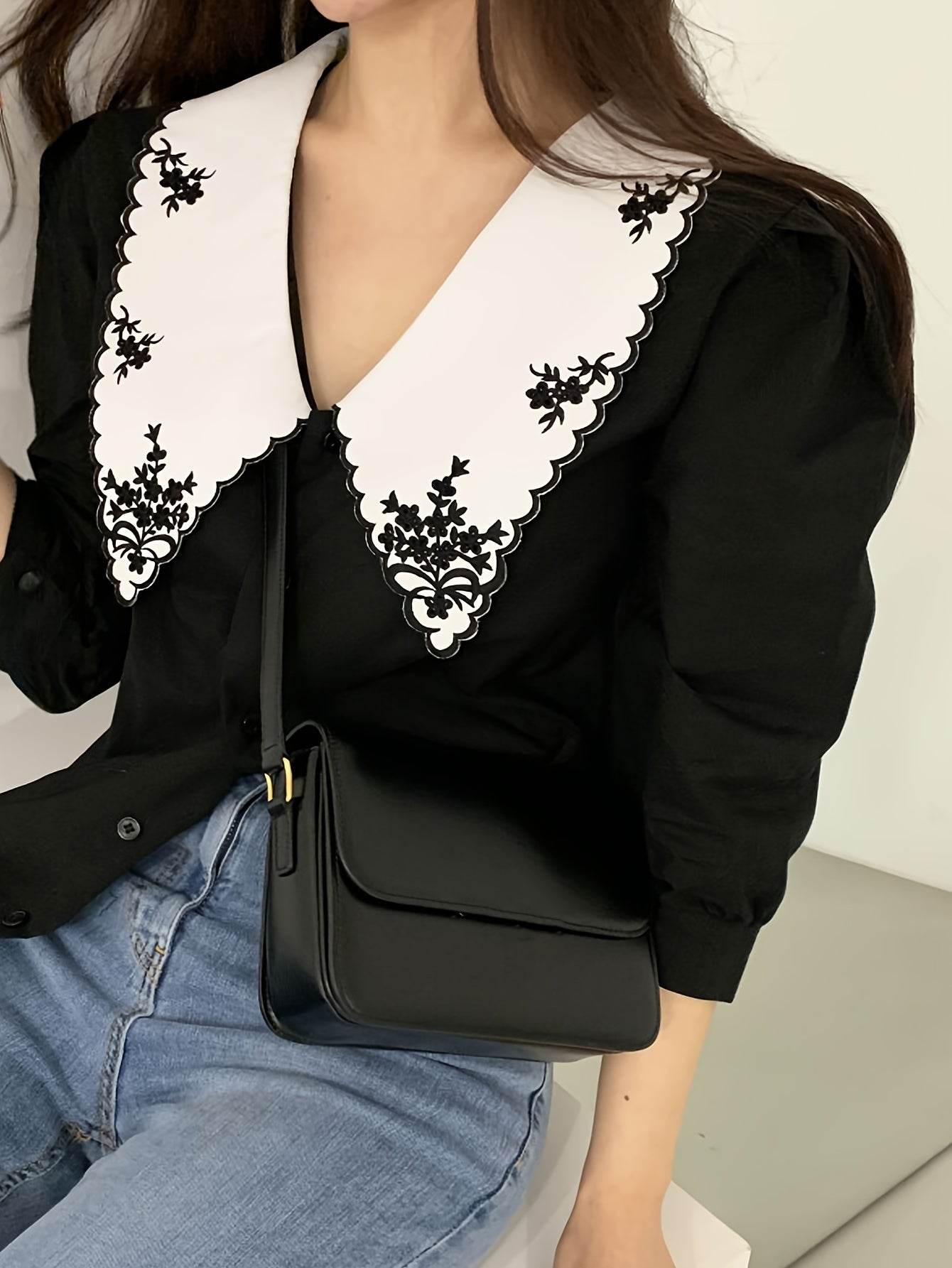 Sixsr Embroidered Peter Pan Collar Blouse, Vintage Half Sleeve Blouse For Spring & Summer, Women's Clothing