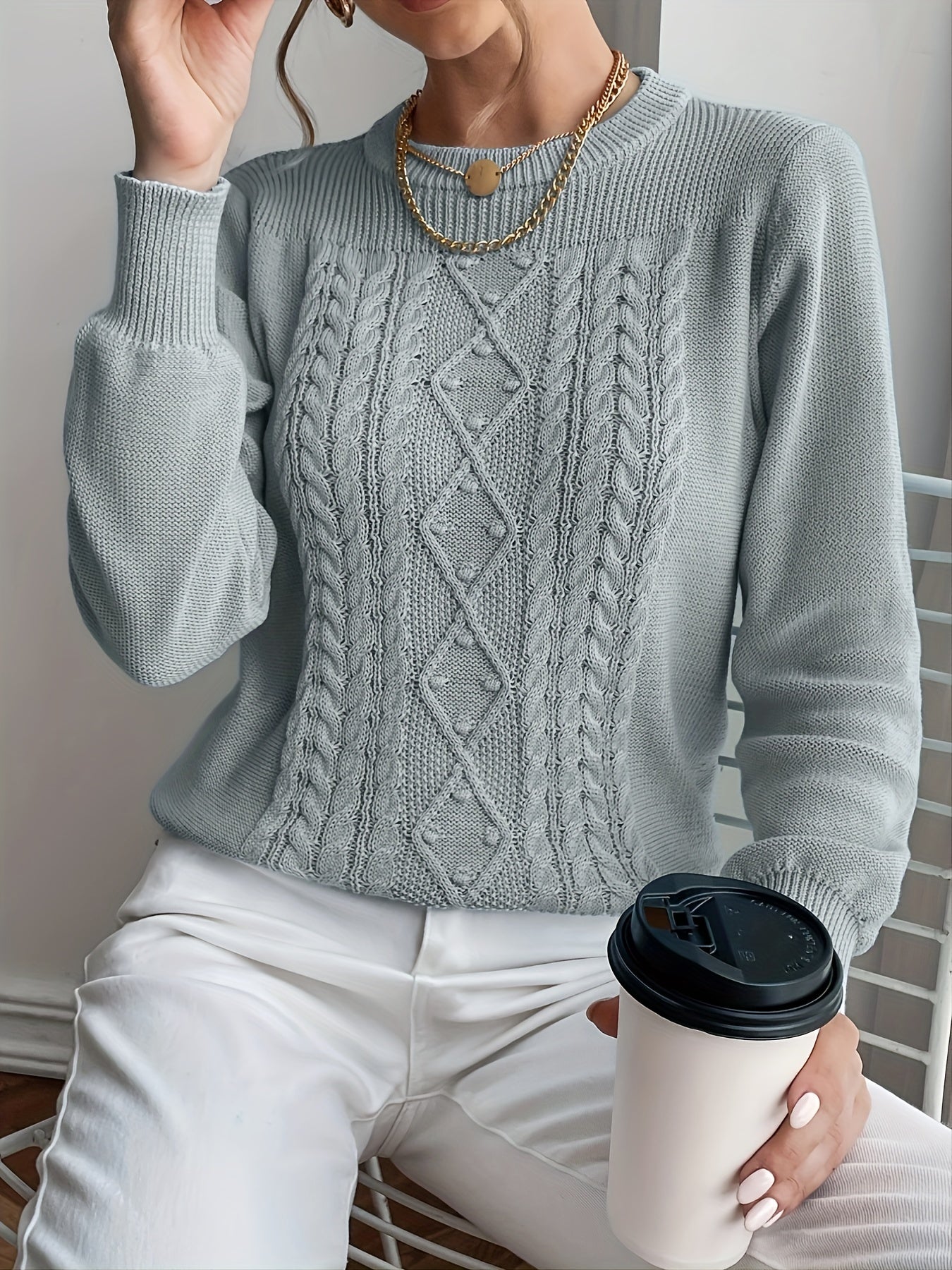 Sixsr Casual Solid Crew Neck Sweater, Long Sleeve Loose Fall Winter Knit Sweater, Women's Clothing