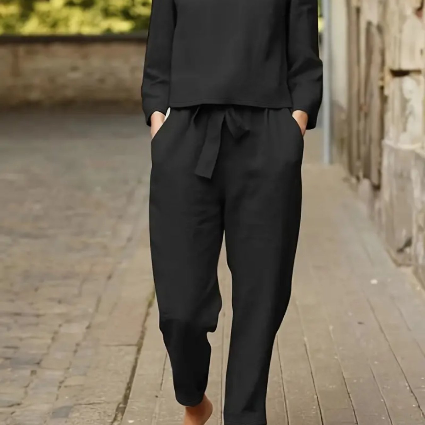 Sixsr Solid Casual Two-piece Set, Button Back Long Sleeve Tops & Knotted Wide Leg Pants Outfits, Women's Clothing