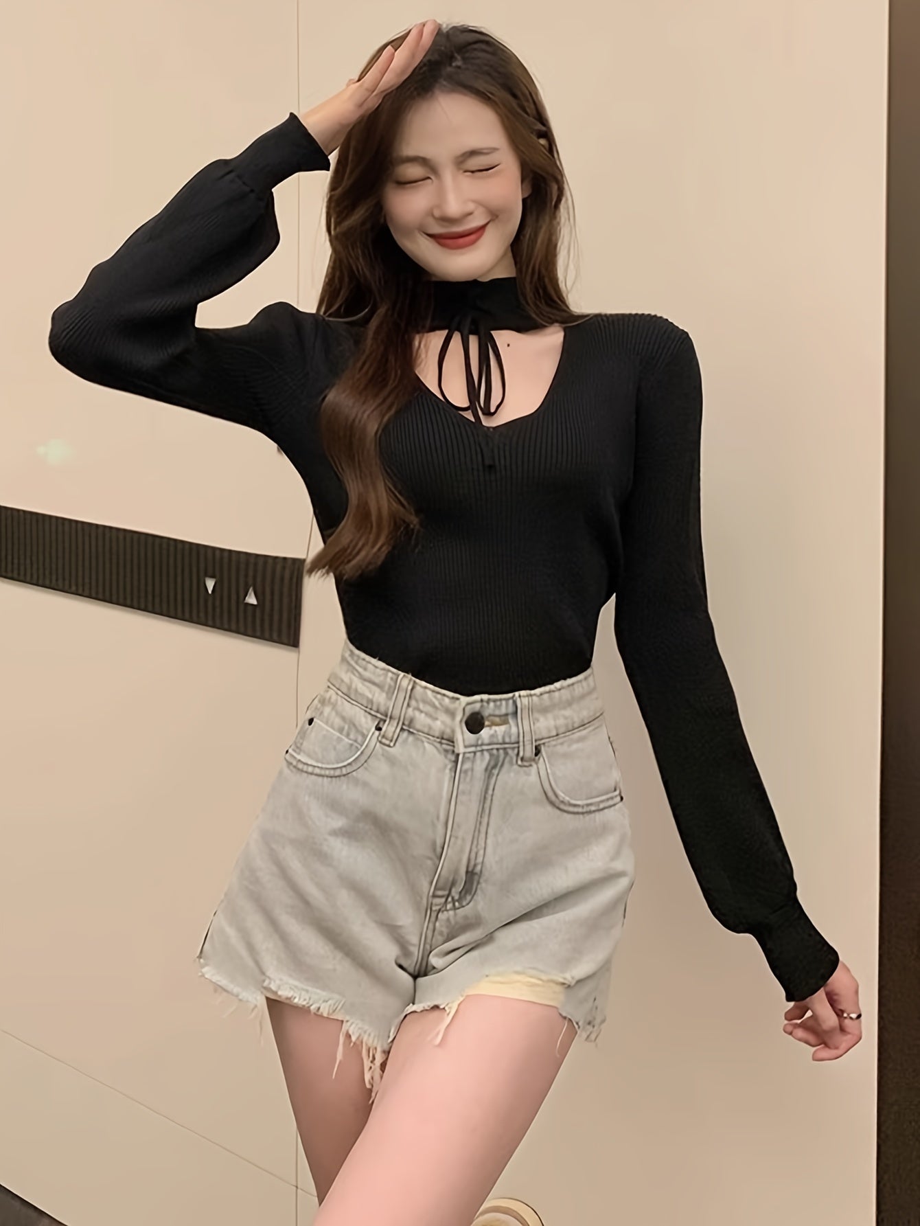 Sixsr Solid Lace Up Mock Neck Knit Sweater, Elegant Cut Out Long Sleeve Stylish Sweater, Women's Clothing