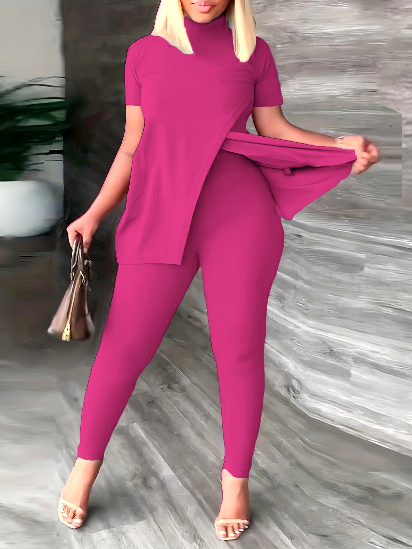 Women's two-piece Solid Casual Set - Split Short Sleeve Tee & High Waist Slim Pants Outfit for Comfortable and Stylish Look