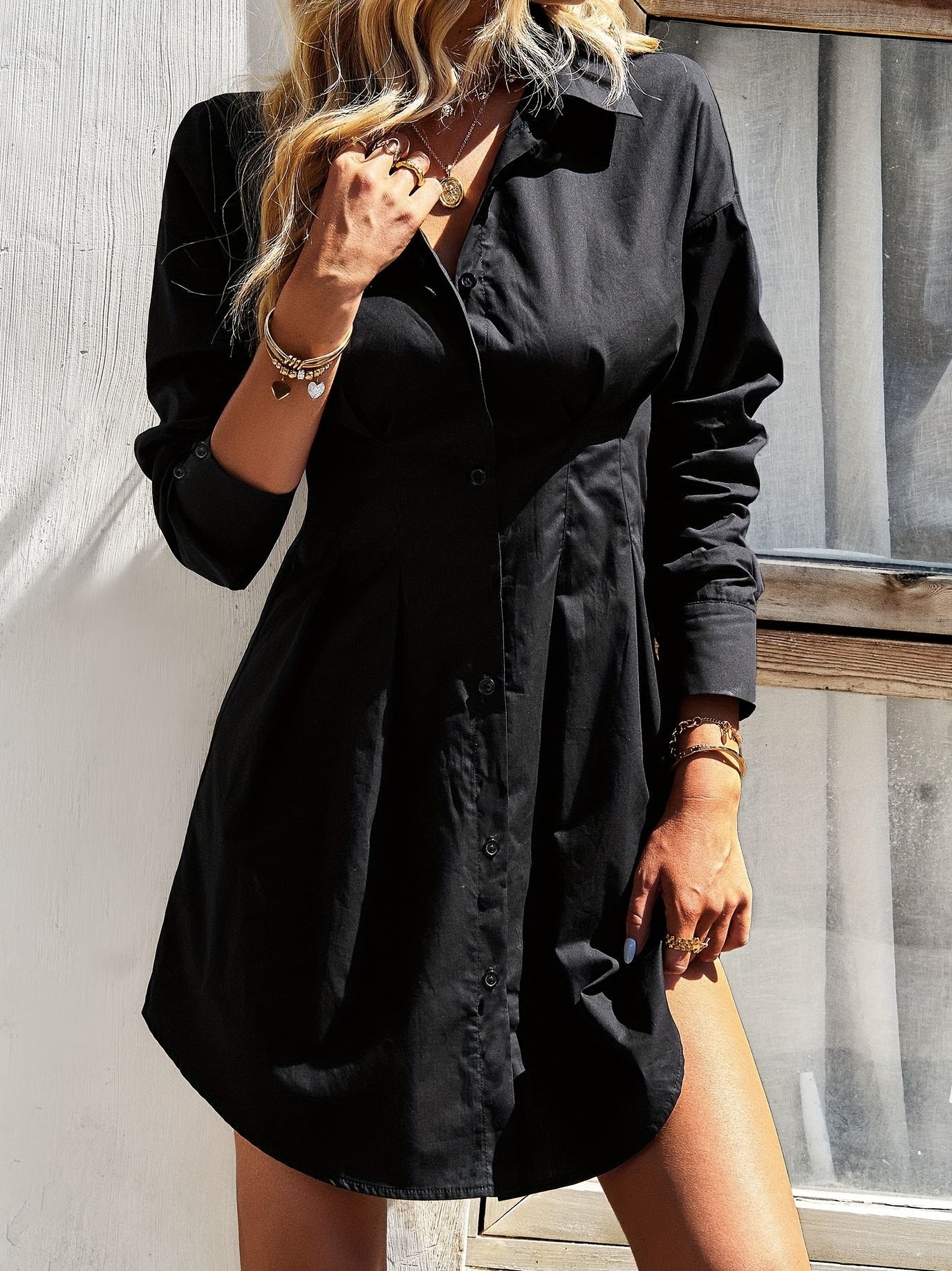Sixsr Button Front Tucked Shirt Dress, Stylish Cuff Sleeve Lapel Dress For Spring & Fall, Women's Clothing