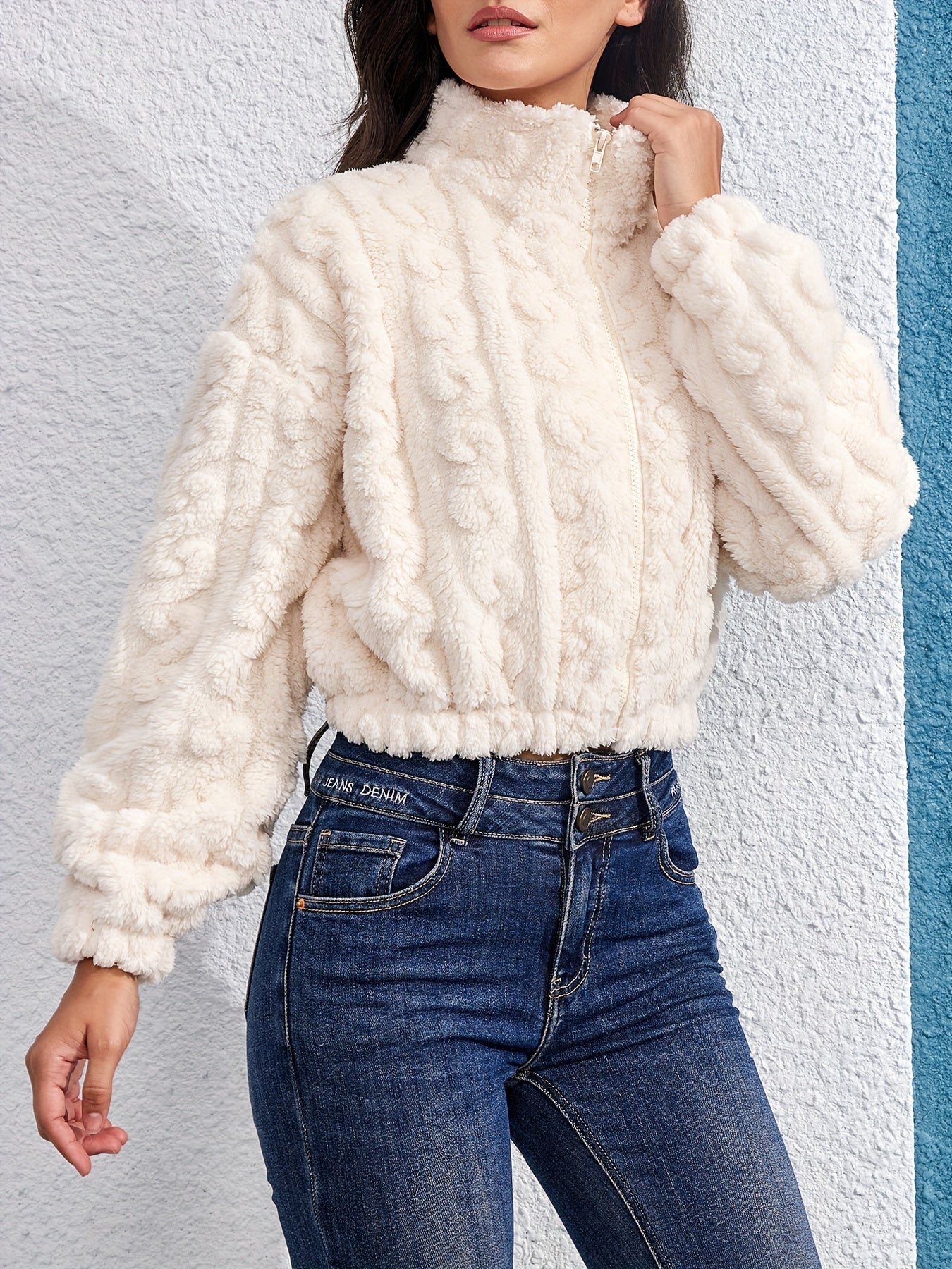 Sixsr Fuzzy Solid Fall & Winter Jacket, Casual Zip Up Long Sleeve Outerwear, Women's Clothing
