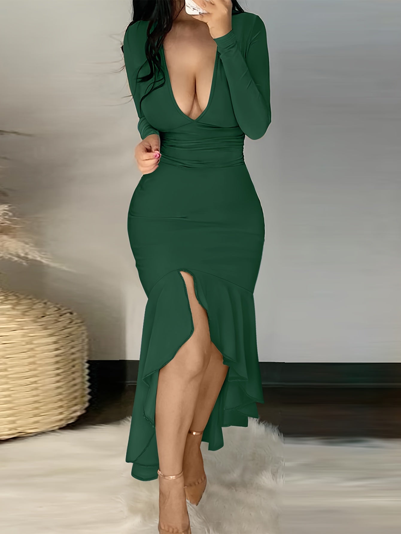 Ruffle Hem Plunging Dress, Sexy Long Sleeve Bodycon Asymmetrical Dress, Women's Clothing
