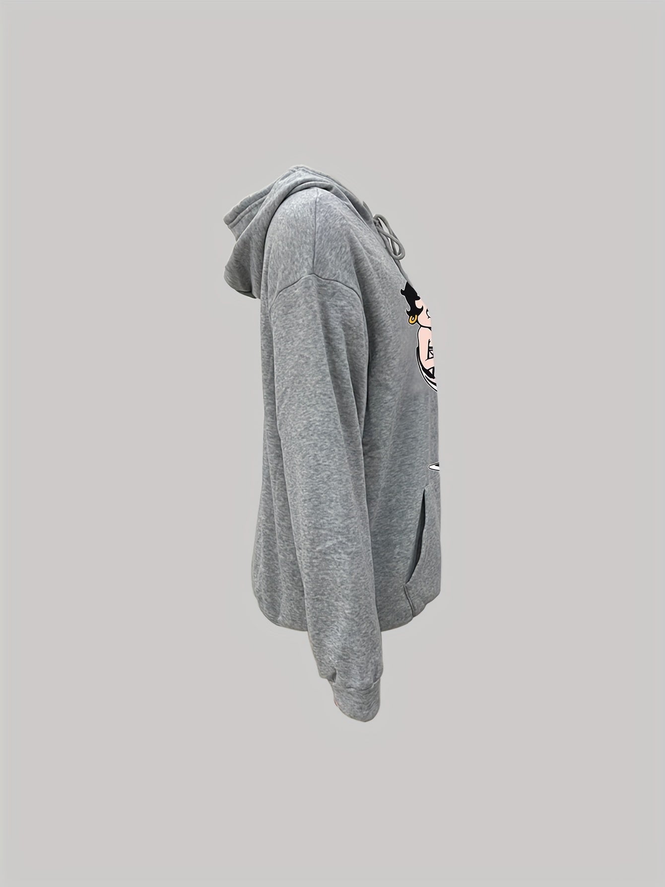 Sixsr Plus Size Casual Sweatshirt, Women's Plus Cartoon Figure Print Long Sleeve Drawstring Hooded Sweatshirt With Pockets