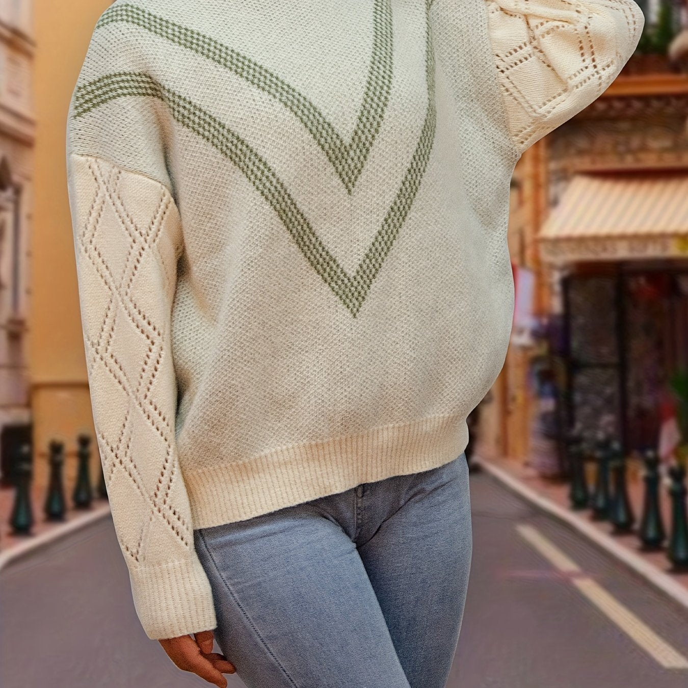 Sixsr Plus Size Casual Sweater, Women's Plus Stripe Print Long Sleeve Round Neck Jumper