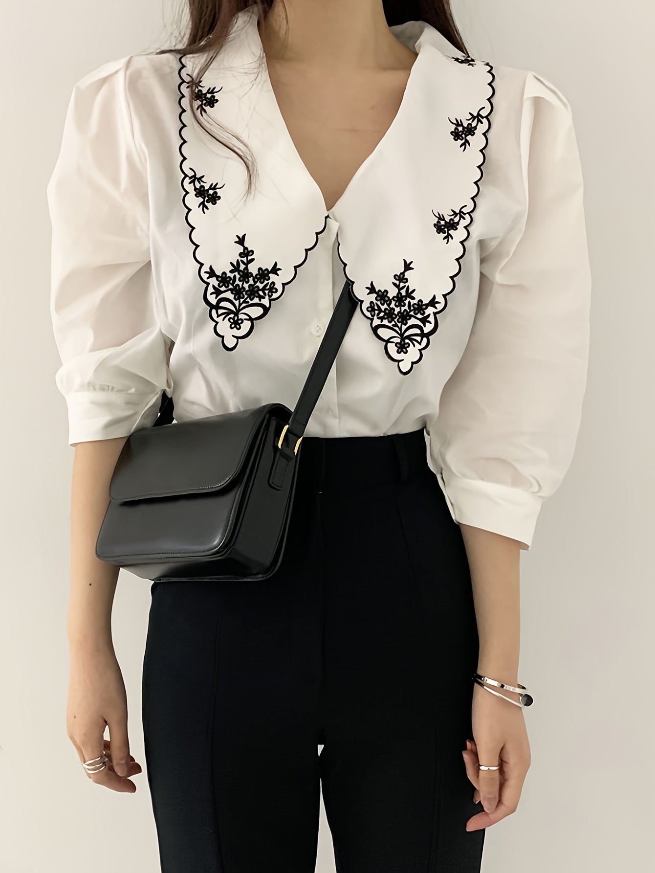 Sixsr Embroidered Peter Pan Collar Blouse, Vintage Half Sleeve Blouse For Spring & Summer, Women's Clothing